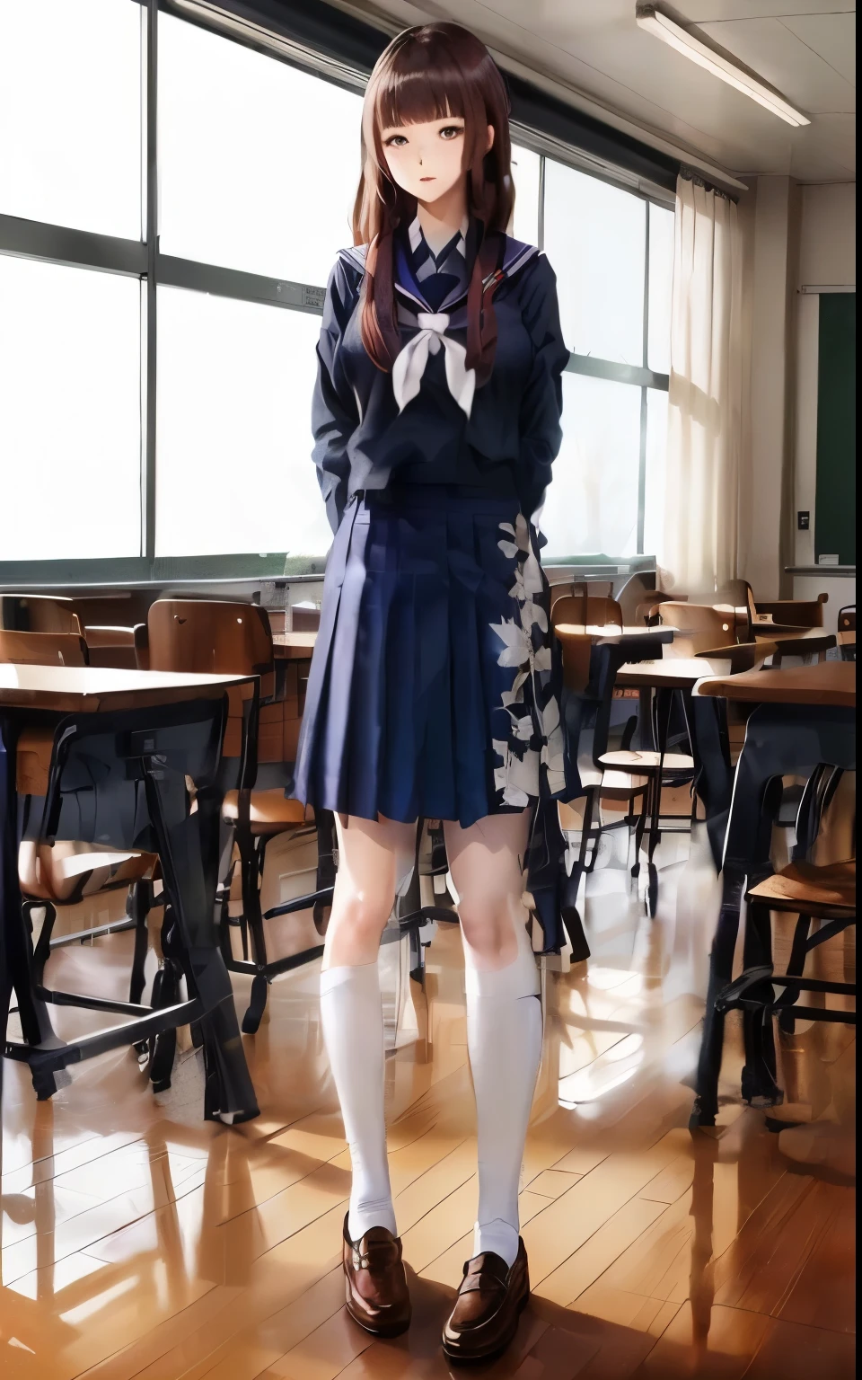 A woman wearing a skirt and shirt is standing in the classroom, japanese school uniform, Seifuku, japanese girl school uniform, wearing japanese school uniform, magic school student uniform, Beautiful anime high school girl, girl in uniform, wearing , Iwakura Lane, magic , , hyperrealism , store 
