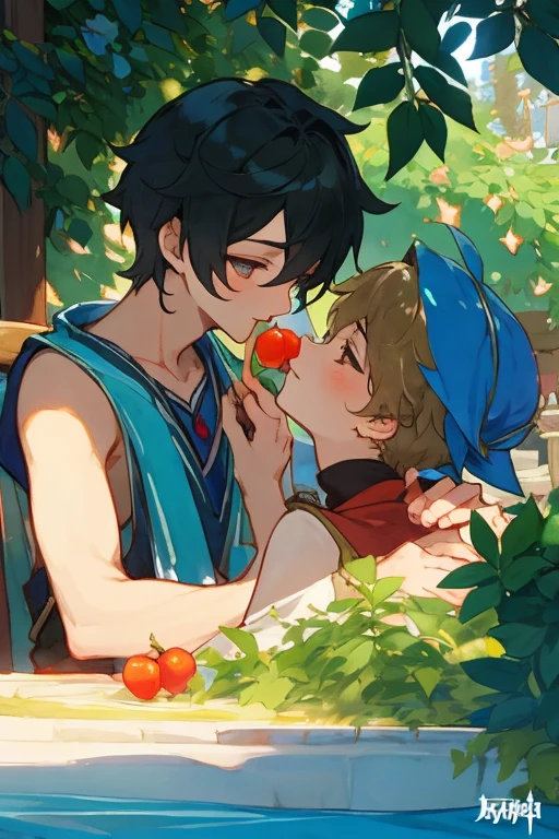 Genshin Impact character a boy feeding fruits to another boy, ambiguous scene, watercolor painting, vibrant colors, soft lighting, detailed facial features, playful expressions, Mediterranean garden setting, summer afternoon, flowing fabrics, teases the senses, subtle sensuality, gentle caress, longing glances, hidden desires, secret rendezvous, stolen moments, delicate brushstrokes, exquisite depth, enchanting atmosphere, dreamlike quality, ethereal vibes, delicate emotions, intoxicating passion, alluring charm