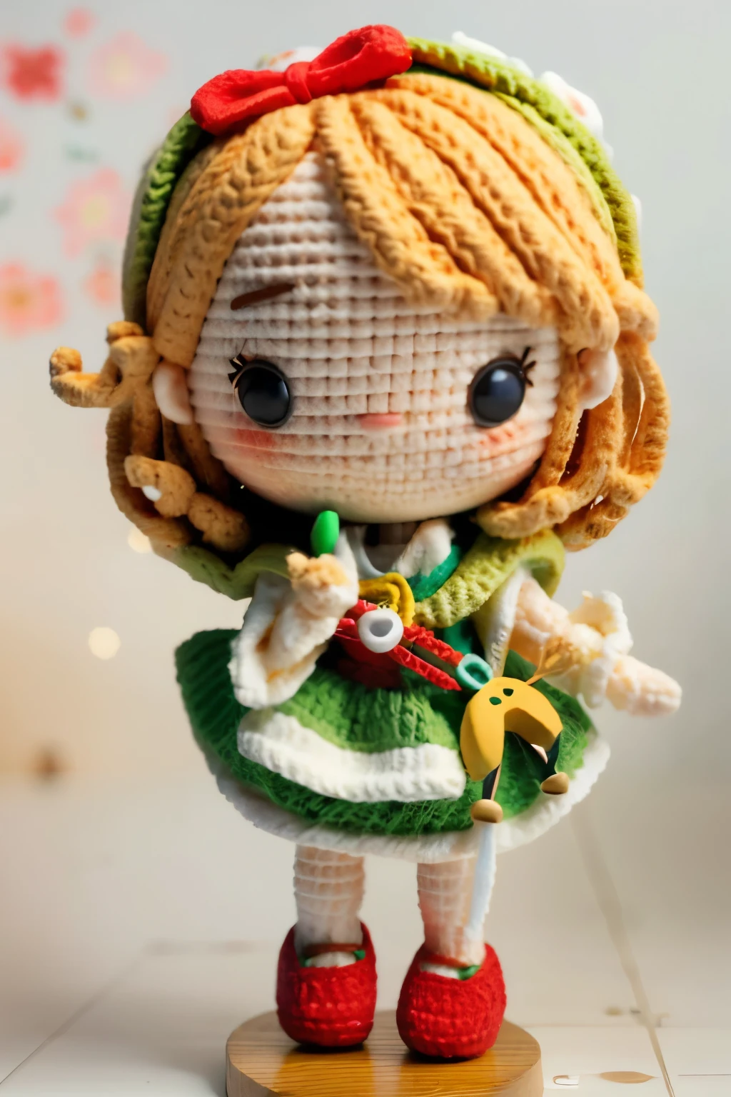 Photorealistic、Chibi Girl Doll(Apple-themed clothing、Have a magic wand、smile)