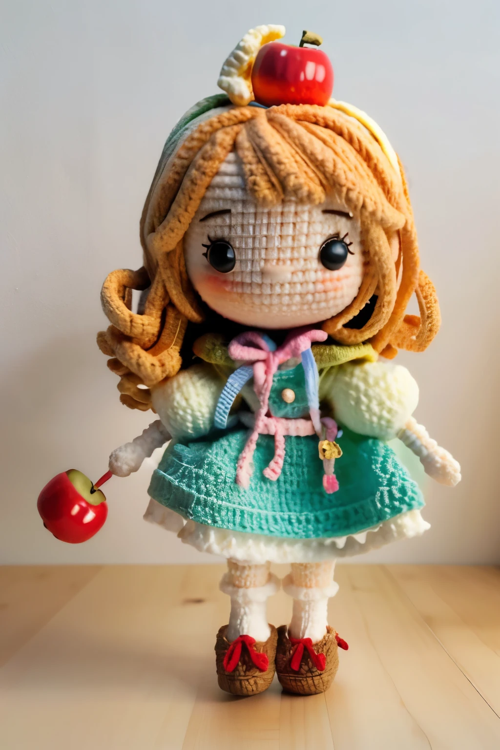 Photorealistic、Chibi Girl Doll（Apple-themed clothing、Have a magic wand、smile）