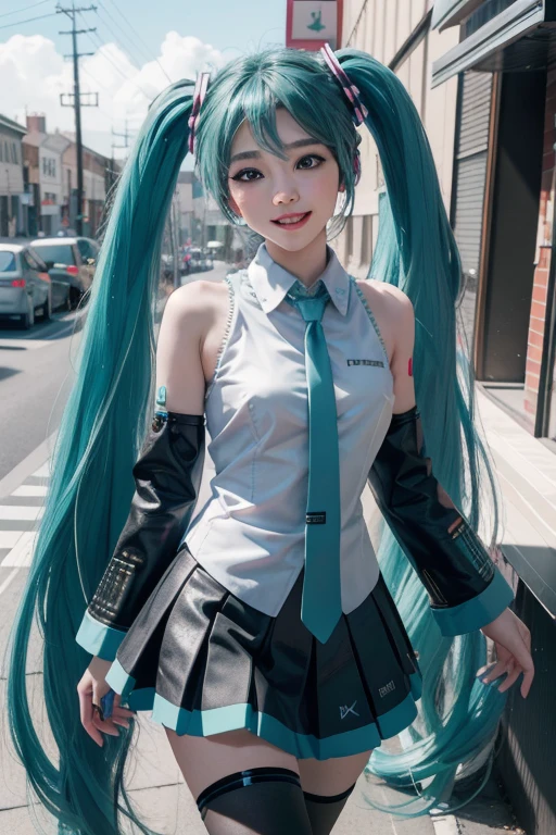 1girl, (masterpiece:1.3), (high resolution), (8K), (extremely detailed), (4k), (pixiv), perfect face, nice eyes and face, (best quality), (super detailed), detailed face and eyes, (solo), textured skin, absurdres, highres, wztalesxstyle, (hatsune miku:1.2), standing on one leg, one eye closed, neon lights, cute, smile, wind, outdoors, sunlight, pointing at viewer, miniskirt,