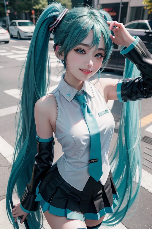 1girl, (masterpiece:1.3), (high resolution), (8K), (extremely detailed), (4k), (pixiv), perfect face, nice eyes and face, (best quality), (super detailed), detailed face and eyes, (solo), textured skin, absurdres, highres, wztalesxstyle, (hatsune miku:1.2), standing on one leg, one eye closed, neon lights, cute, smile, wind, outdoors, sunlight, pointing at viewer, miniskirt,