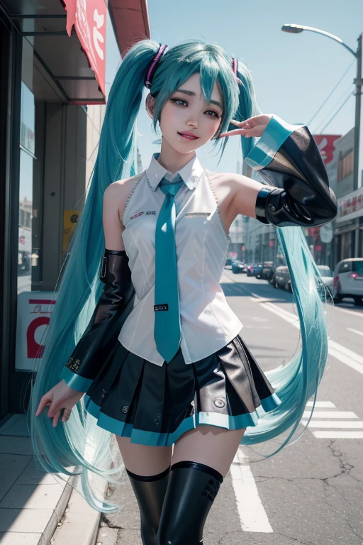 1girl, (masterpiece:1.3), (high resolution), (8K), (extremely detailed), (4k), (pixiv), perfect face, nice eyes and face, (best quality), (super detailed), detailed face and eyes, (solo), textured skin, absurdres, highres, wztalesxstyle, (hatsune miku:1.2), standing on one leg, one eye closed, neon lights, cute, smile, wind, outdoors, sunlight, pointing at viewer, miniskirt,