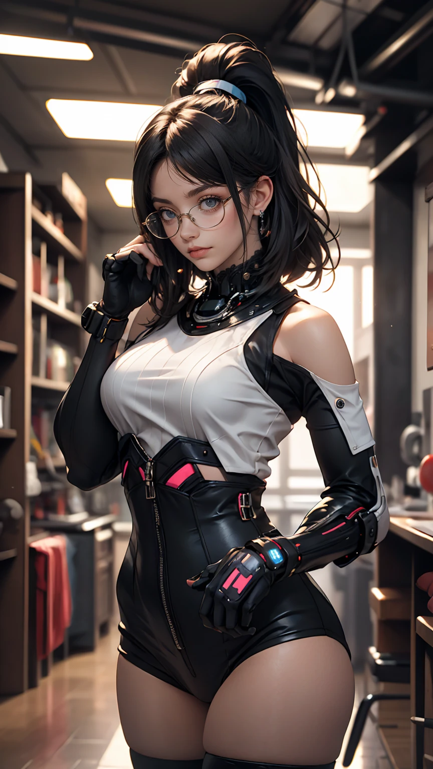 (masterpiece, highest quality), One girl, Black Hair, Glasses, cyber punk, alone, Waist high, Sexy Appearance