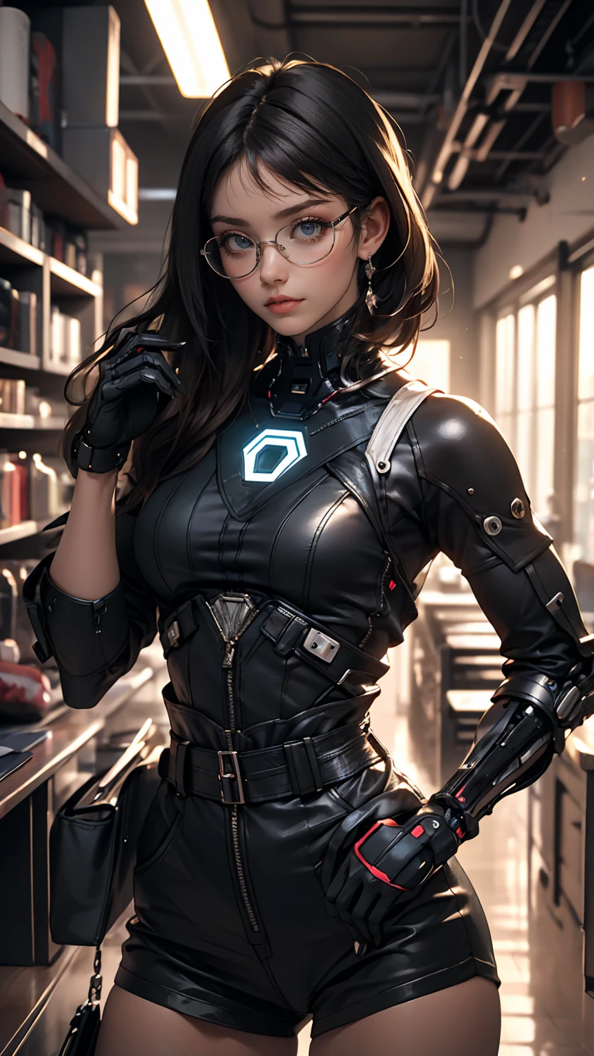 (masterpiece, highest quality), One girl, Black Hair, Glasses, cyber punk, alone, Waist high, Sexy Appearance