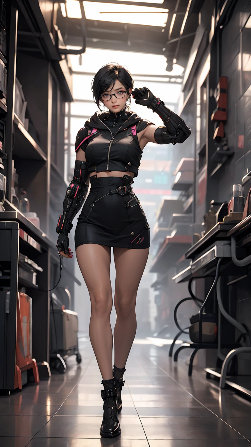 (masterpiece, highest quality), One girl, Black Hair, Glasses, cyber punk, alone, Waist high, Sexy Appearance