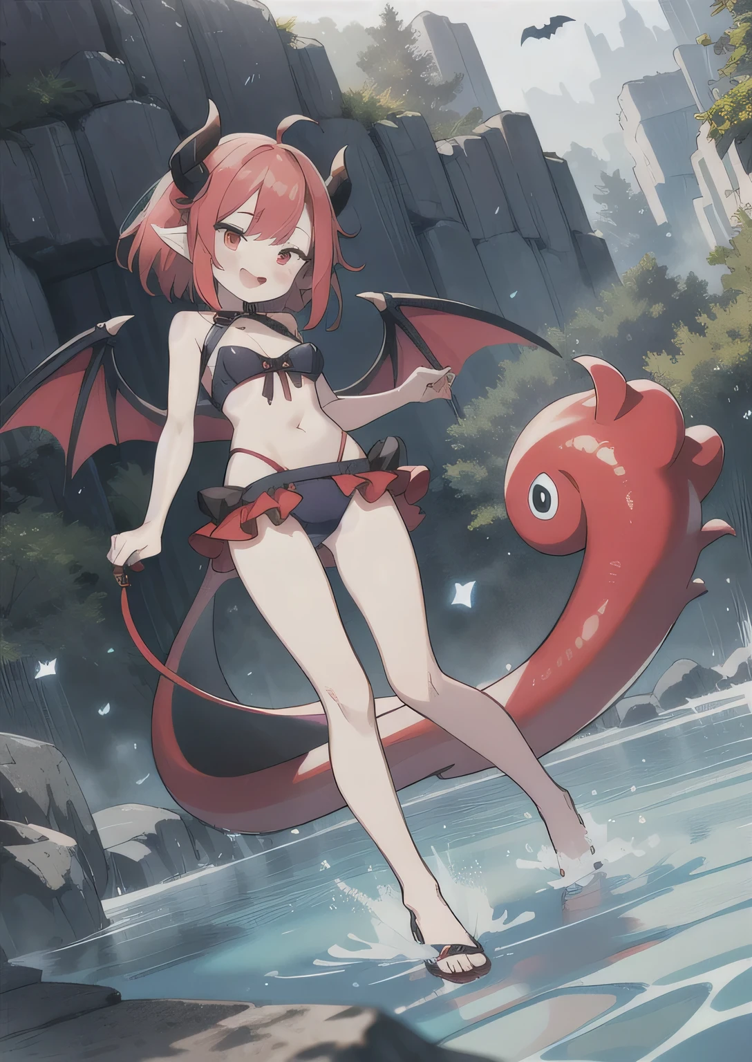 8K, femboy, petit, adult. kawaii vampire, crimson hair, short hair, red eyes, fang, bat wings, smile, (blush), (shy), pointed ears, looking at viewer,  dynamic angle, wind, game cg, fantastic scenery, devil tail,  demon tail, thin tail, black horns, medium breast, show full body, swimsuit, hot springs, yokai