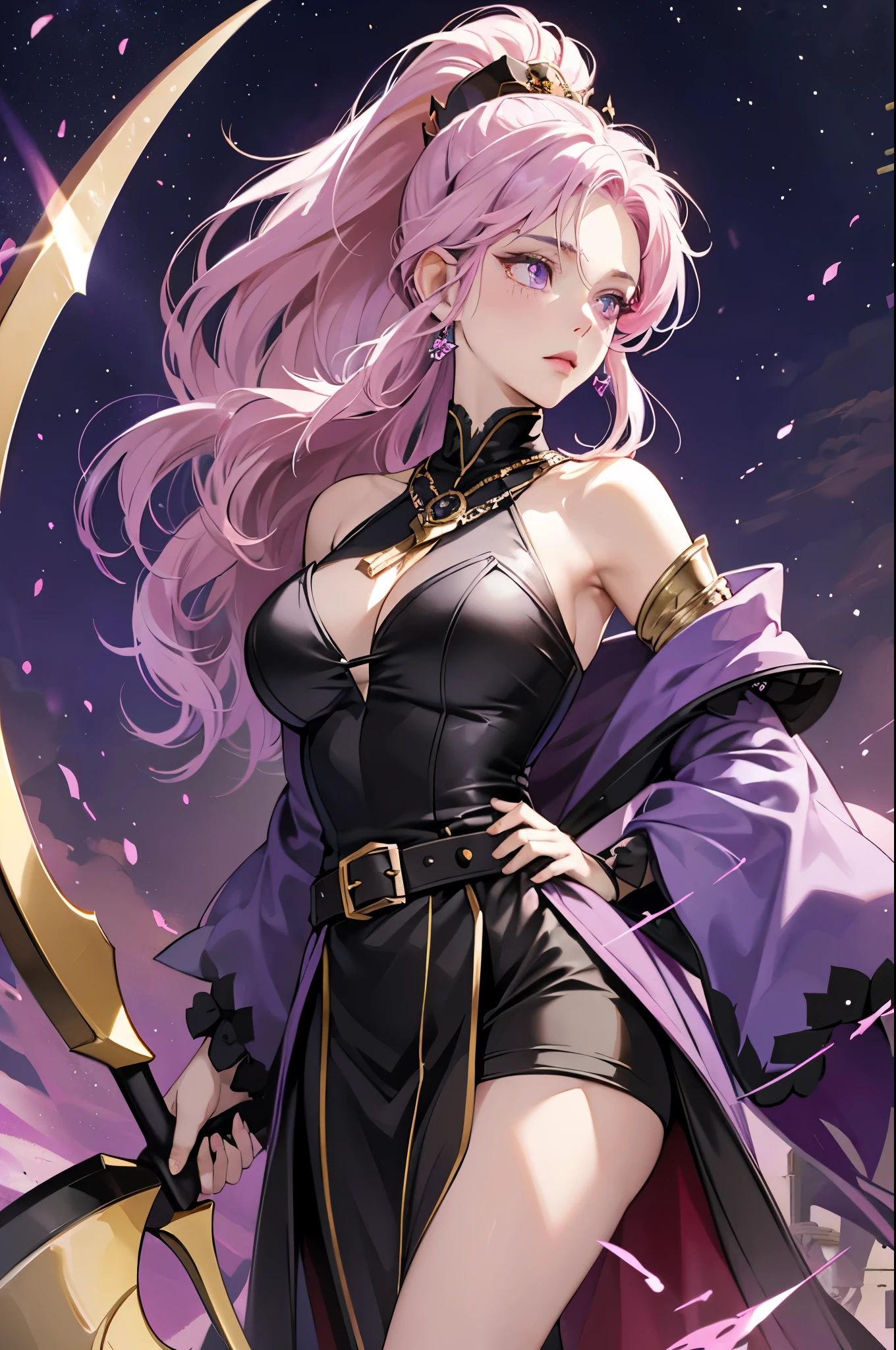 Vampire Queen Combat Dress (Radiant Royal Cloak: 1.2) Black and Purple Color, (extremely delicate beautiful eyes and depression but arrogant eyes), (multicolor, ponytail, iridescent hair, colorful hair, half purple and half pink hair: 1.3), (magical, mythic,fantasy), (Super Model Body Shape, idol, seducing body, attractive, gorgeous, charming, majesty, Sexy Devil aura), Original Character, Masterpiece, Tempting Purple Eyes, Purple Gemstone Accessories, Gold Belt, Gold Necklace, Wind Evil and body floating effect, Soft Moonlight, unique crown, (Corruption Tattoo on 1;1.25), (holding a Giant Scythe 1:1.3), 16k wallpaper style,bare shoulders, cute, petite, solo, stars, stardust, shiny body detailed, killing scenario, legend, horny blush, pink lips, cinematic lighting, full body close-up, scale up, twilight, dark magic, dark element, villain, battle mage, blindfold, solo leveling art style