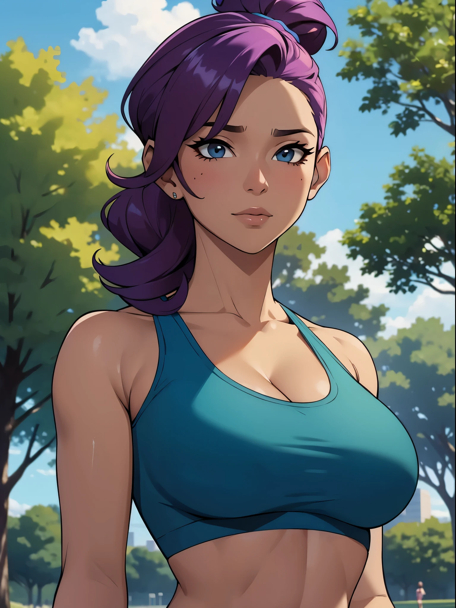 woman, cropped-fc, cleavage, sports bra, detailed face, colorful clothing, park, sky, trees