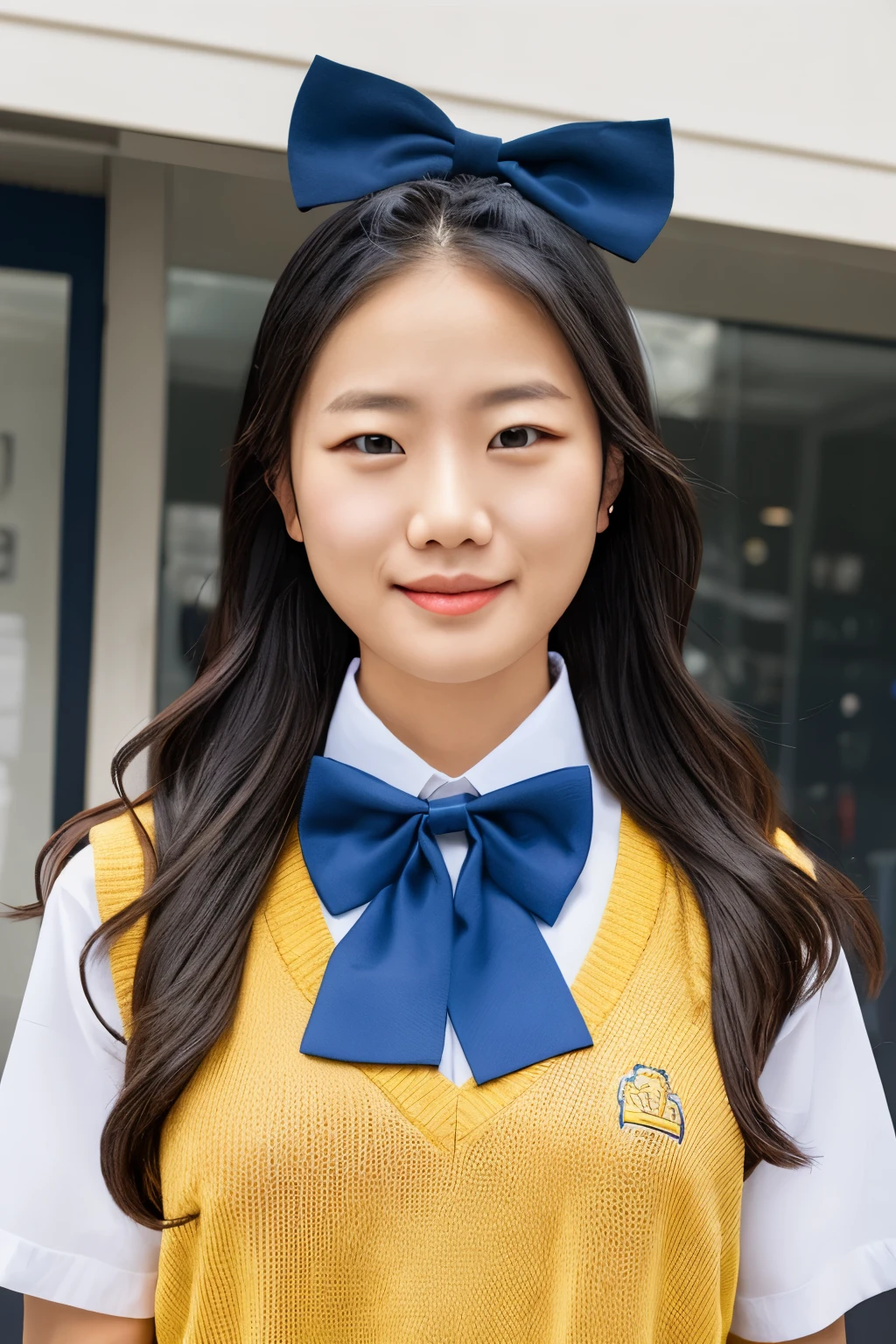 The picture shows a girl wearing a school uniform, consisting of a white shirt and a sweater vest with a diamond pattern in yellow, blue, and red. She also wears a large blue bow tie at the collar.