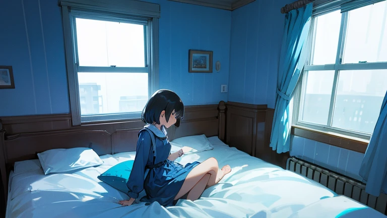A girl sitting alone on her bed. Through the window, the weather is rainy. The overall color is blue.