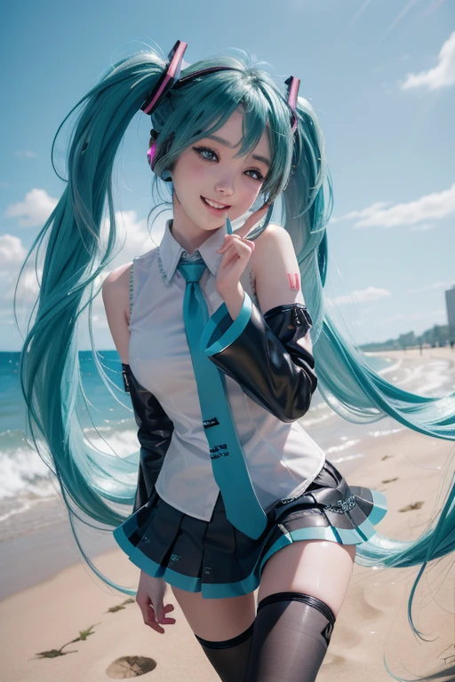 1girl, (masterpiece:1.3), (high resolution), (8K), (extremely detailed), (4k), (pixiv), perfect face, nice eyes and face, (best quality), (super detailed), detailed face and eyes, (solo), textured skin, absurdres, highres, wztalesxstyle, (hatsune miku:1.2), standing on one leg, one eye closed, neon lights, cute, smile, wind, outdoors, sunlight, pointing at viewer, miniskirt, and bra and panties showing her entire body her beautiful breasts
