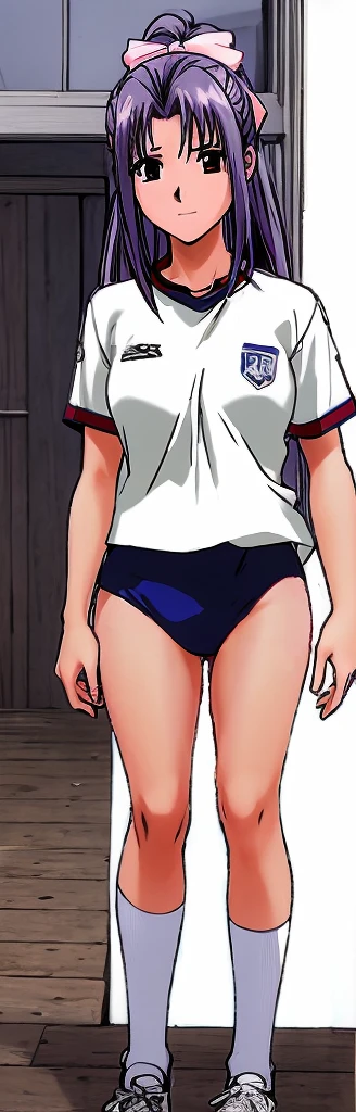 Momoko Koigakubo, a tall girl with beautiful legs, is standing with her legs spread to the sides in a white gym uniform and light navy blue bloomers that look like panties.。