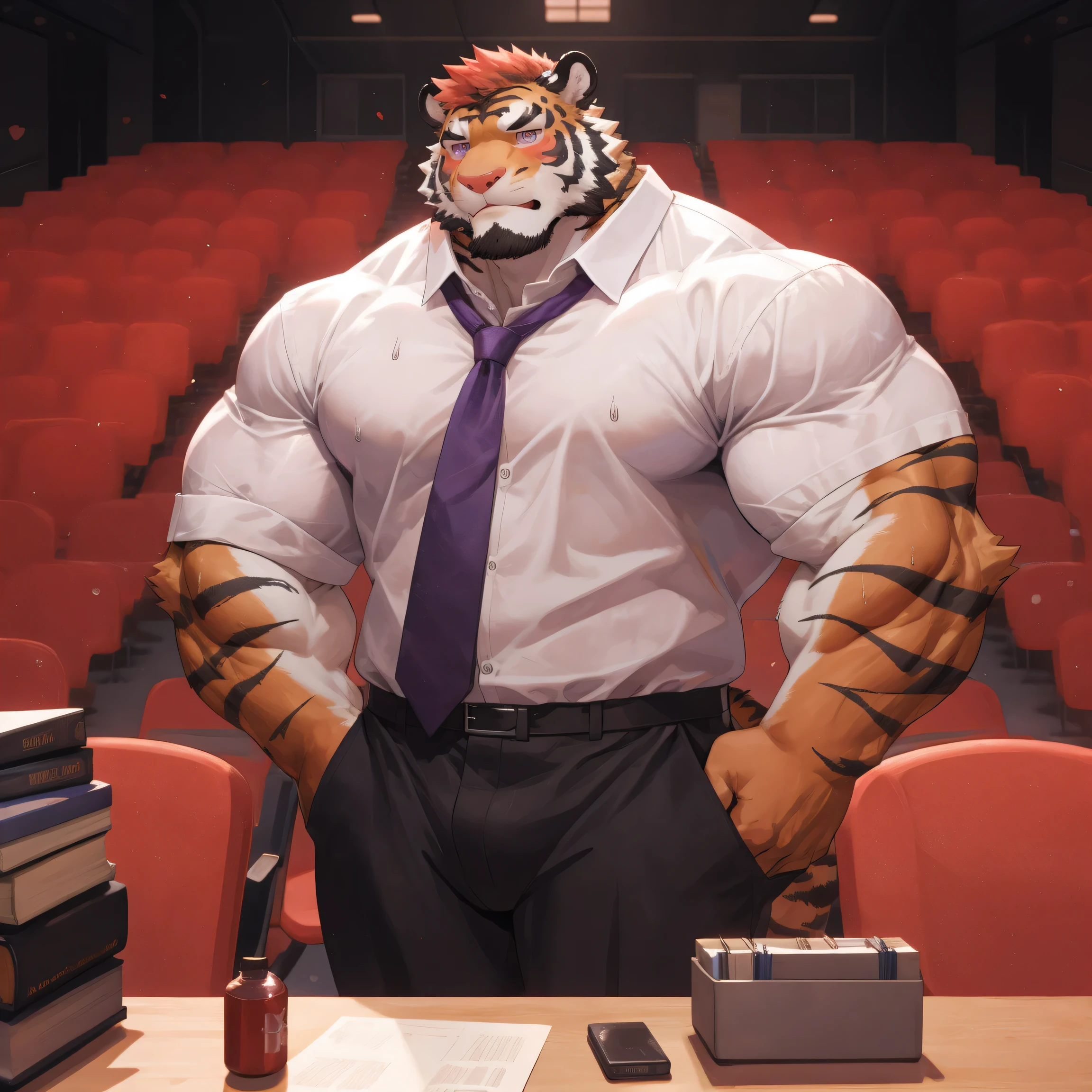 masterpiece, best quality, 8k resolution, Very detailed, hairy，tiger，red hair，muscle，Strong，Blushing，Super large muscle，Purple Eyes，sweating a lot，Shame，large auditorium，Course，stand behind the desk，white shirt（loose）portrait，Hip bulge，Highest quality scene，Solitary，university lecture hall，underwear，White underwear，Sweating，Sexy underwear