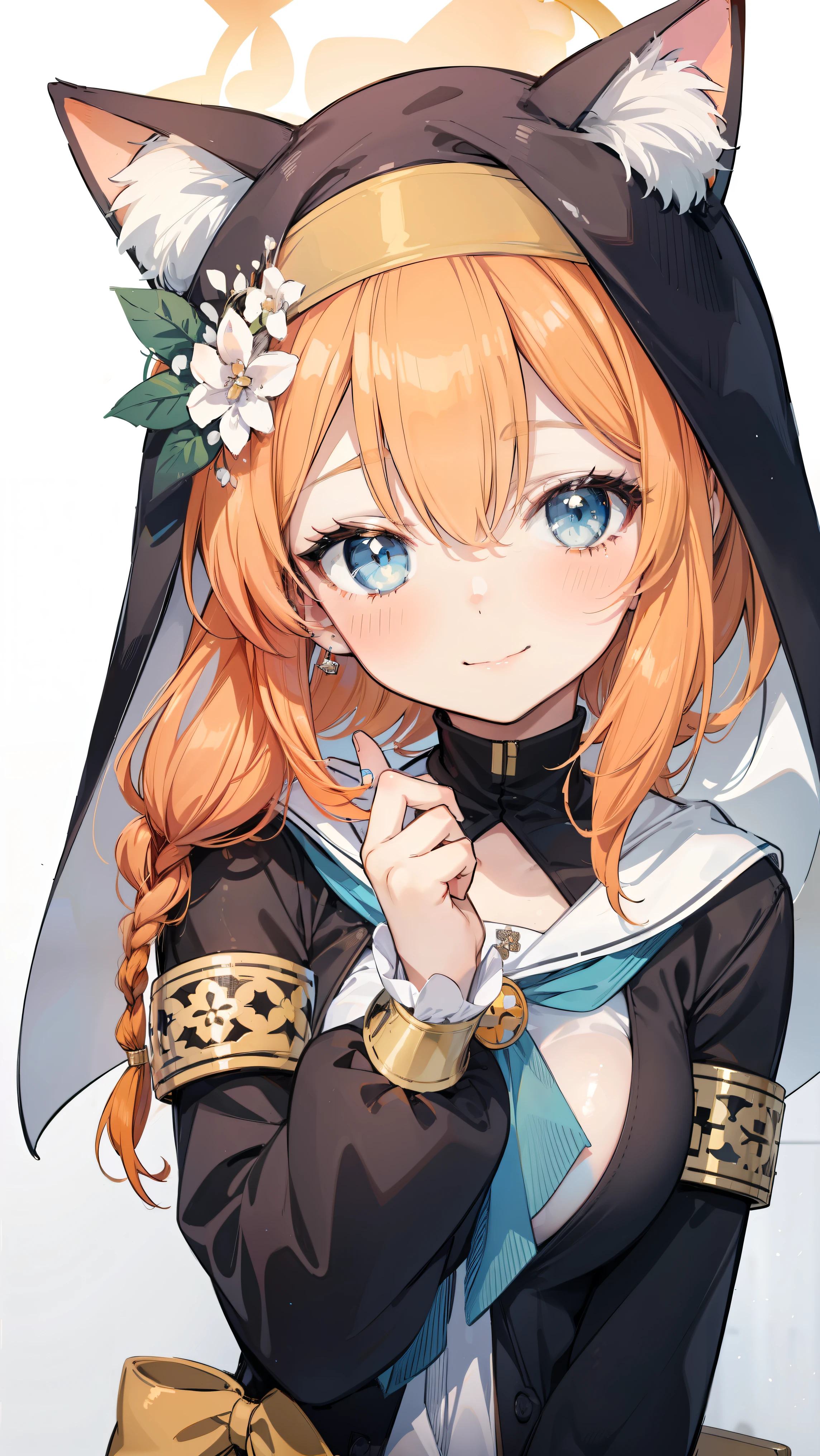 Marie、Good looking girl (blush, Perfect Face), independent , Looking into the camera, masterpiece, Anime art style, Cute Characters, Most detailed, high quality、Nico Nico Smile、Cat ear、Orange Hair、ta、Small breasts、uniform、Hooded、Association
