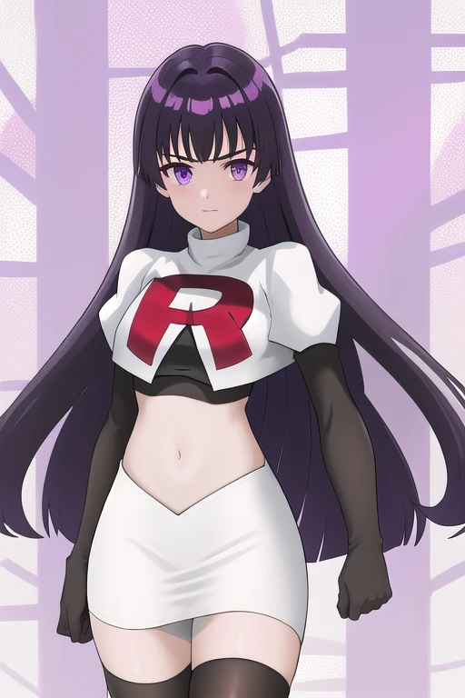 veyle_engage, 1girl, purple eyes, solo, team rocket,team rocket uniform,white skirt,red letter R,crop top,black thigh-highs,black elbow gloves