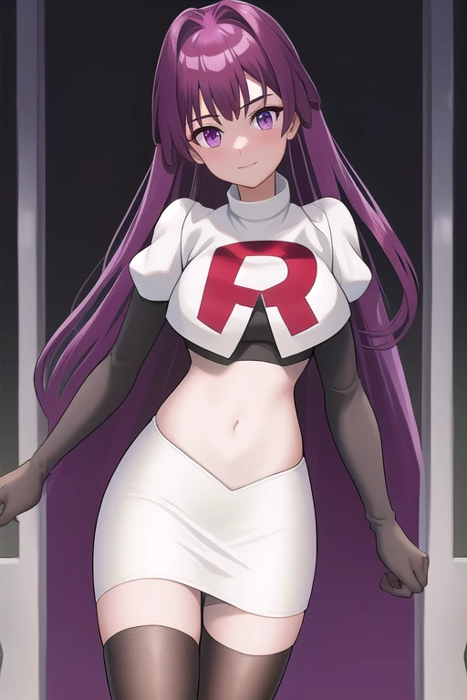 veyle_engage, 1girl, purple eyes, solo, team rocket,team rocket uniform,white skirt,red letter R,crop top,black thigh-highs,black elbow gloves