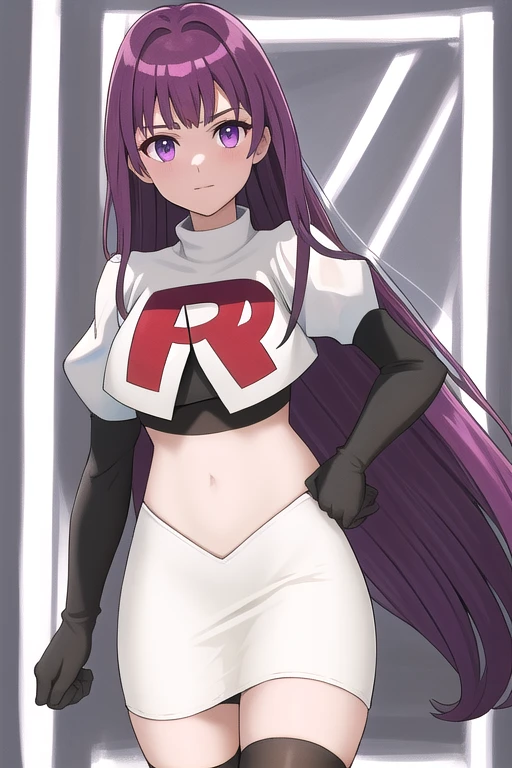 veyle_engage, 1girl, purple eyes, solo, team rocket,team rocket uniform,white skirt,red letter R,crop top,black thigh-highs,black elbow gloves