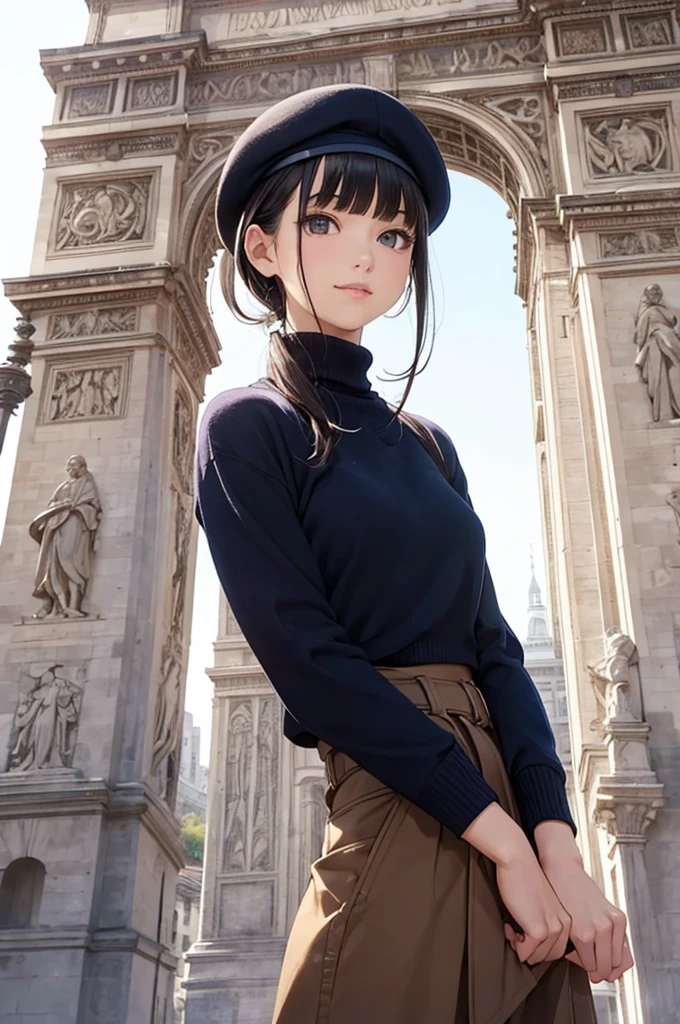 (masterpiece, best quality:1.1),popart style,flat color,({Mia},1girl,japanese,15yo,beautiful detailed face,(navy hair-color),((wavy-short hair)),parallel eyebrows,navy eyes with large brown irises,blunt bangs,small nose, fresh lips,small breasts,(5feet tall)), enjoy trip,(Arc de Triomphe),France, beautiful detailed scenery,very happy,smile,BREAK Cropped cashmere turtleneck,twill trousers,upcycled wool beret,dynamic angle,photographic portrait, sharp,