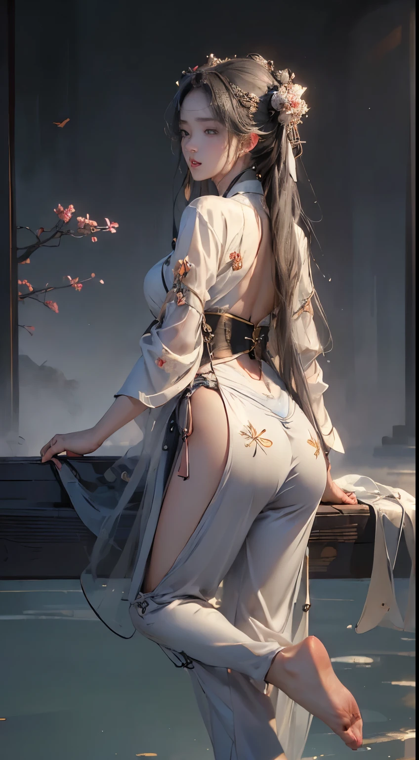 ((SuperiorQuality, 8K, tmasterpiece: 1.5)), Pubic area is clear: 1.2, Perfect body beauty: 1.4, Sexy Hanfu，Sexy Hanfu，Light gray hair, wetted skin, Sleeping on the Bed，Ass pouted, Ass pouted，back stance，back stance，legs are open，legs are open， knee bend，Ancient bed，Film texture，