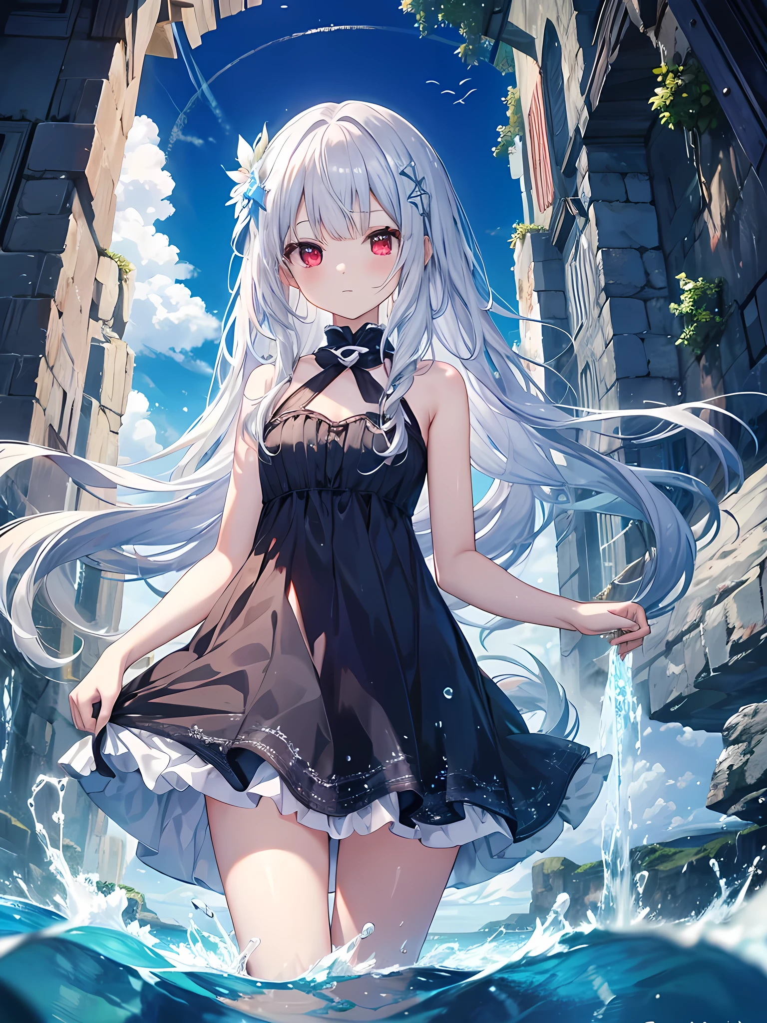 Crystal clear water、In the water、In the water、Girl in the water、Silver Hair、Red eyes、Wearing a dress、wonder、Wonderful atmosphere