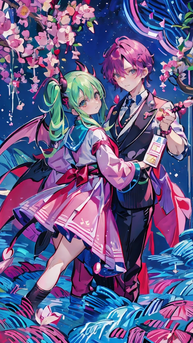 Japanese anime style.
Hong Kong at night, Dancing Cherry Blossom Park.
A cute magical girl and a cool male demon king are enjoying the Parapara dance..
[Cute Magical Girls Special]
Long light green twin tails.
Beautiful hair accessories, but、Ugly but cute mascot characters also appear.
She has a shiny magic wand with a big jewel on it.
[Characteristics of a male demon king]
He is handsome, Mature men in their 30s.
The head has horns、Her hair is very long、It is reddish purple。.
He is wearing a cool long coat, It comes with something like a mascot character...
Large bat-like wings growing from its back..
Next to him is a small, Cute dragon-like monster..