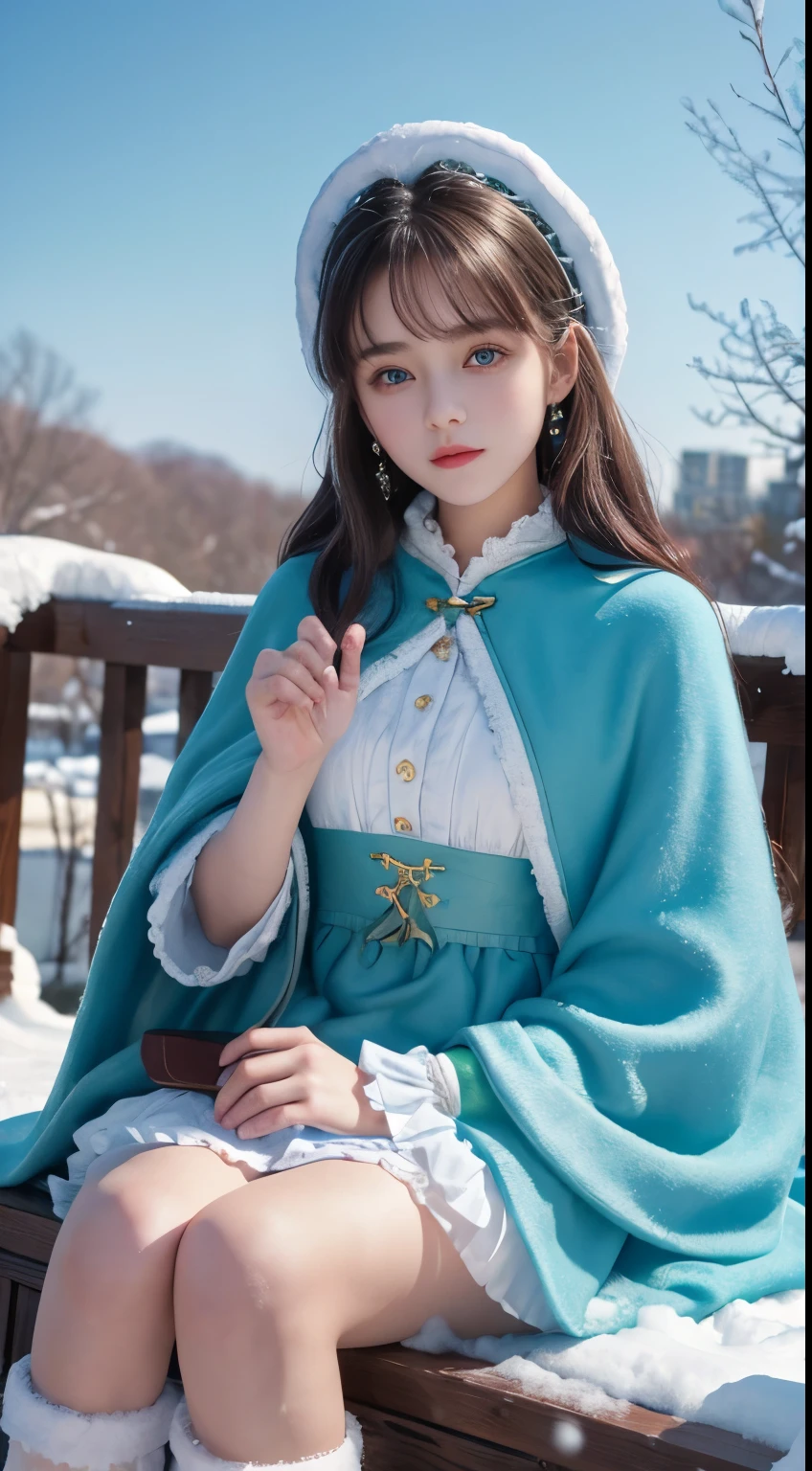 ( (8k:1.27), The best quality at its best, masterpiece, Ultra-high resolution:1.2),1 girl,Turquoise eyes,Clear Face, Sitting, Lolita Costume,Cape,(snow, Winter Outdoor Activities:1.2)
