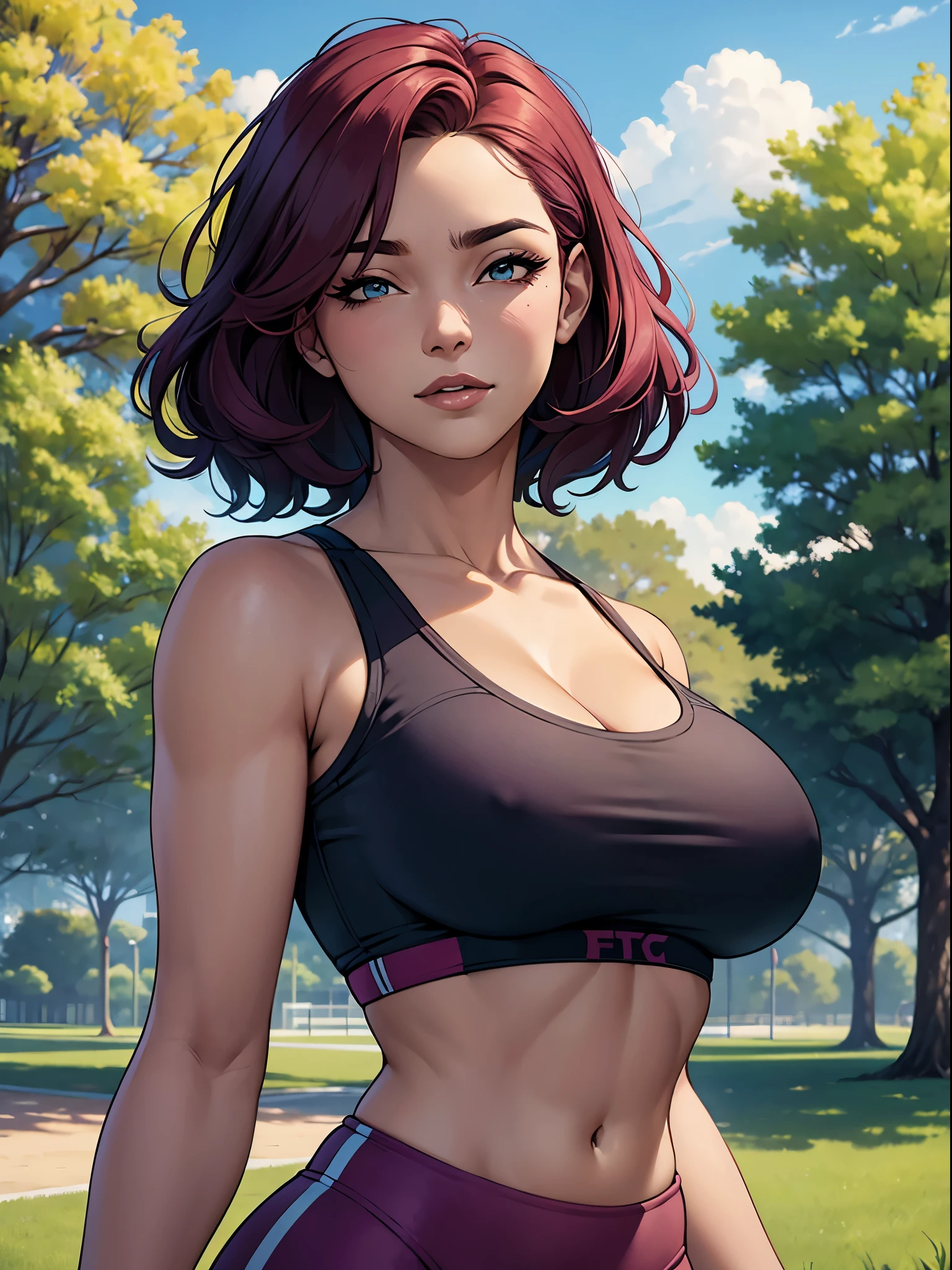woman, cropped-fc, cleavage, sports bra, detailed face, colorful clothing, park, sky, trees