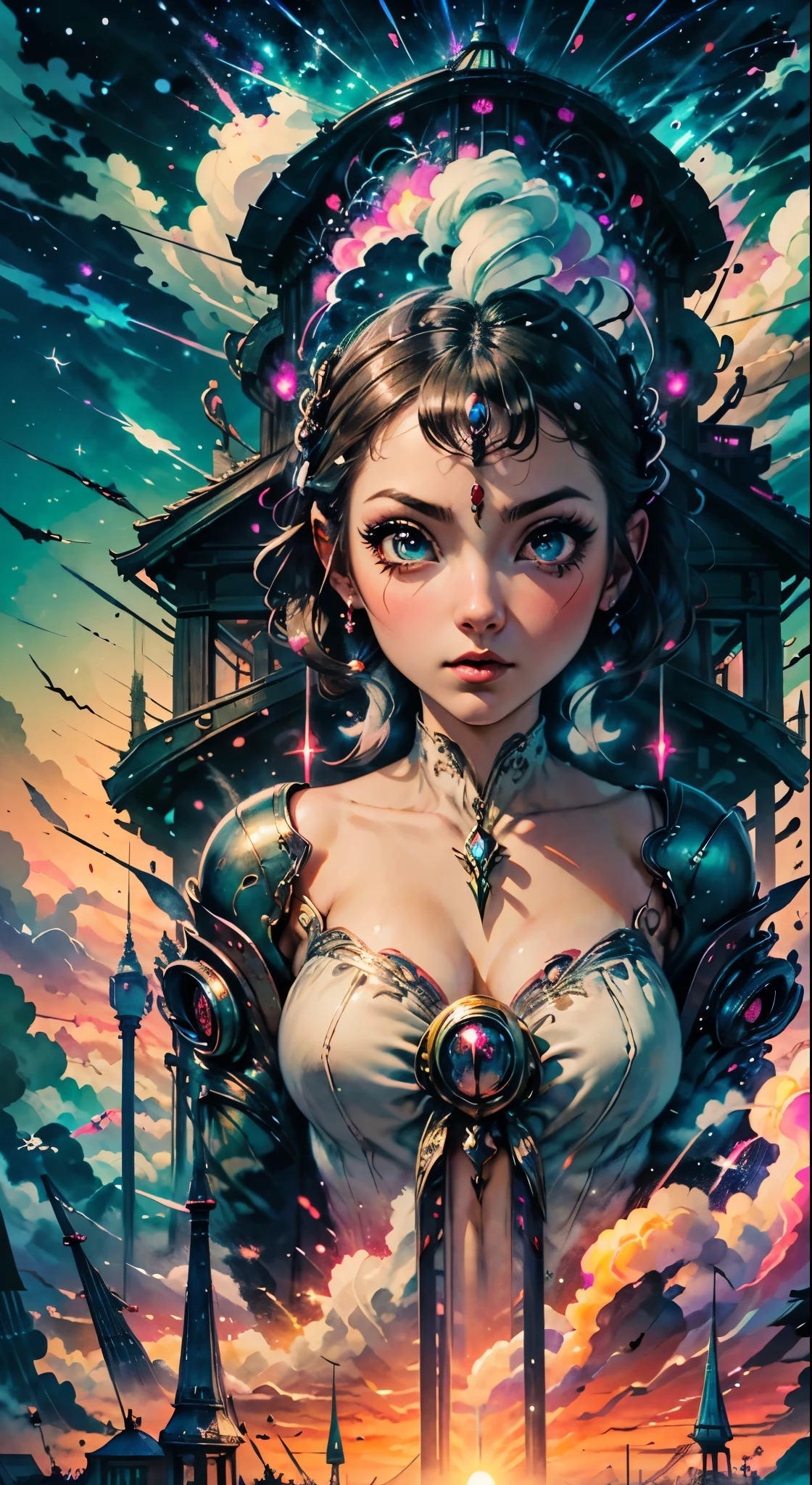 realistic visual effects,attractive beautiful,dramatic contrast,Gentle lighting,Delicate warmth,the soft light,hyper HD,Extremely colorful,best qualityer,perfect female shape,HighDynamicRange,long eyelasher,Unbeatable masterpiece,paleskin,putting makeup on,Sexy goddess,Strange sky,The setting sun burns the clouds,8K high quality,Sexy goddess,A pair of big eyes are beautiful and moving,White skin,Makeup,Sexy outfit,【Background with】Blue light comes out,Doomsday ruins,Giant tornado,Strange sky,The setting sun burns the cloudultiple planets,The end of the world,Multiple planetards,Jupiter,Mercury,Strange sky,Giant tornado。