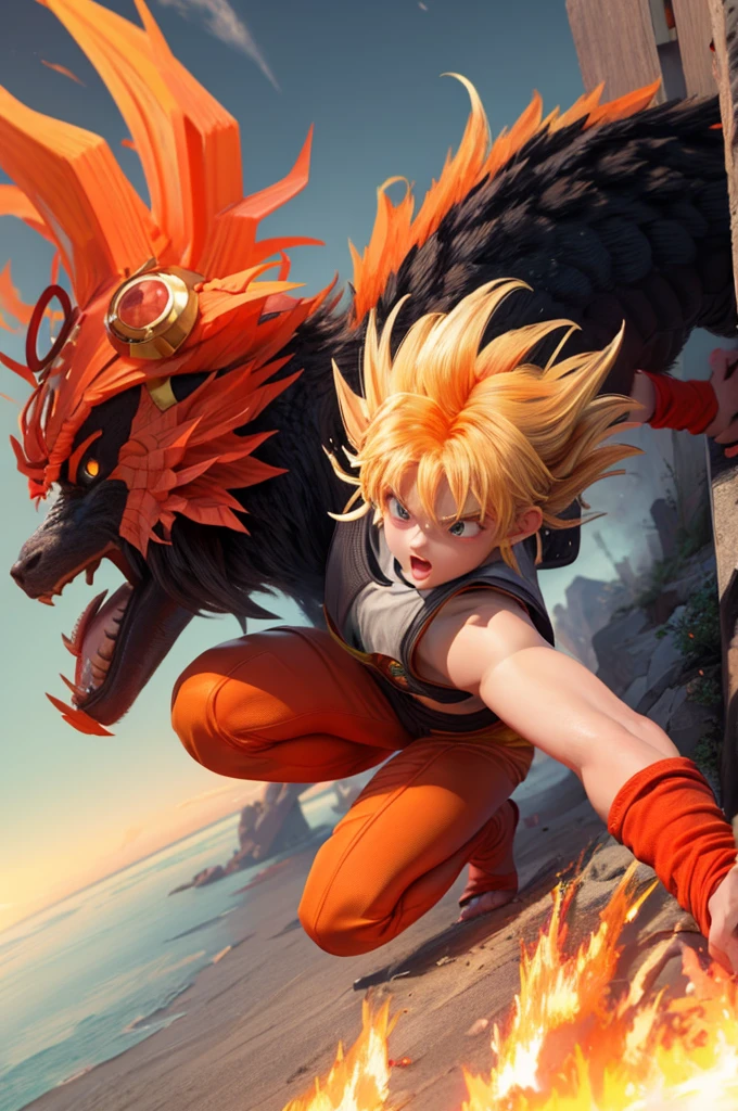Vibrant and creative irregular tilted manga grid depicting cartoon Dragon Ball Goku and Dar manga series. Each grid contains an independent storyline, Start from the upper left corner,End at the lower right corner. Grids sometimes overlap or are placed diagonally to add visual tension. in some key plots, The character will jump out of the screen,Enhance the dynamics of the story. For example, The protagonist may jump from one grid to another while escaping, or in a battle scene, Actions may extend beyond the bounds of the grid. The background and situation of each grid gradually changes according to the development of the story., From city chase to secret base infiltration, and eventually move towards. Distinctive overall style, Bright colors,Rich expressions and movements. Leave conversation blank,Fill it out later,Let the audience imagine what the conversation would be like.