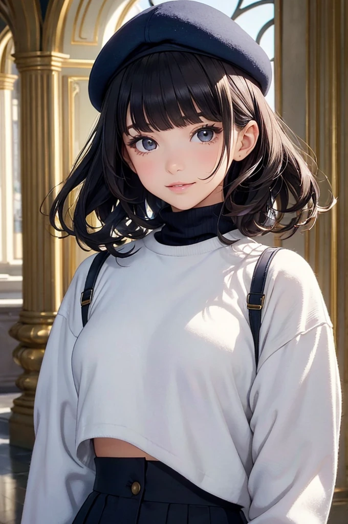 (masterpiece, best quality:1.1),popart style,flat color,({Mia},1girl,japanese,15yo,beautiful detailed face,(navy hair-color),((wavy-short hair)),parallel eyebrows,navy eyes with large brown irises,blunt bangs,small nose, fresh lips,small breasts,(5feet tall)), enjoy trip,(Chateau de Versailles),France, beautiful detailed scenery,very happy,smile,BREAK Cropped cashmere turtleneck,twill trousers,upcycled wool beret,dynamic angle,photographic portrait, sharp,