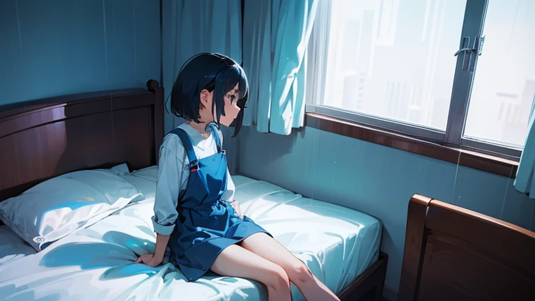 A girl sitting alone on her bed. Through the window, the weather is rainy. The overall color is blue.