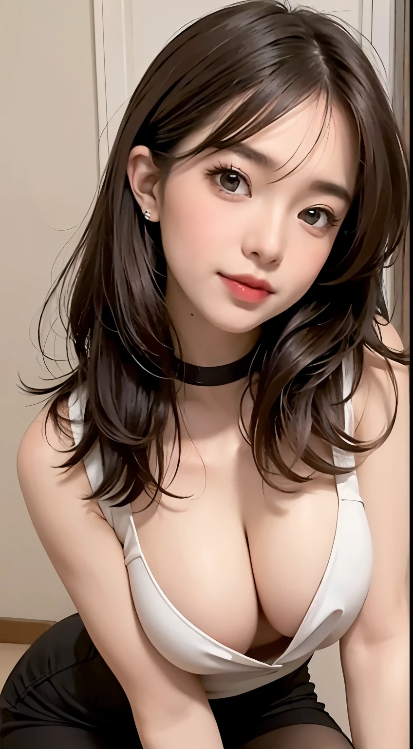 (8K, original photo, Reality:1.25) ,( Small lip gloss, eyelash, Glossy surface, Smooth and radiant skin, Best quality, Ultra-high resolution, Depth of Field, Chromatic Aberration, Caustic lines, Wide-angle light, Natural shadows, ) ，Full Body Love,slim,Brown hair, Bangs, hair behind ears, Shoulder-length hair, long hair，Large cleavage，realistically