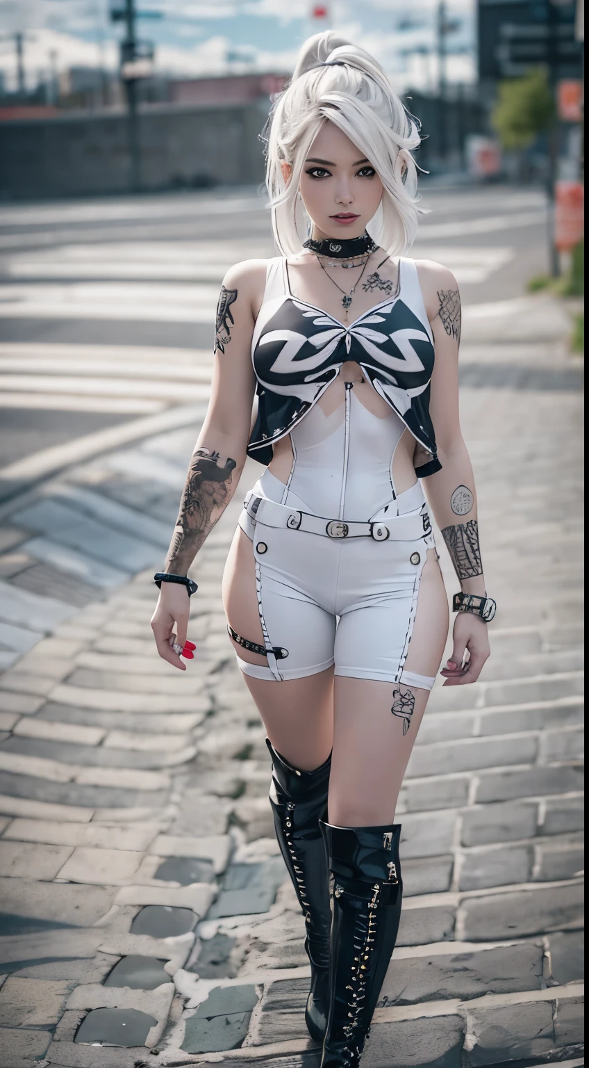 The prompts for the first theme are as follows:
"(Best Quality, 8K, 32K, masutepiece:1.3), Ultra-detailed, (Photorealistic:1.4), white colors, albino, Punk Girl, Detailed eyes, Upper body, Luxurious punk hair, Edgy punk fashion, Avant-garde makeup, Numerous piercings, Heavily tattooed body, Street background, Backlight effect, Shallow depth of field, Blurry background"