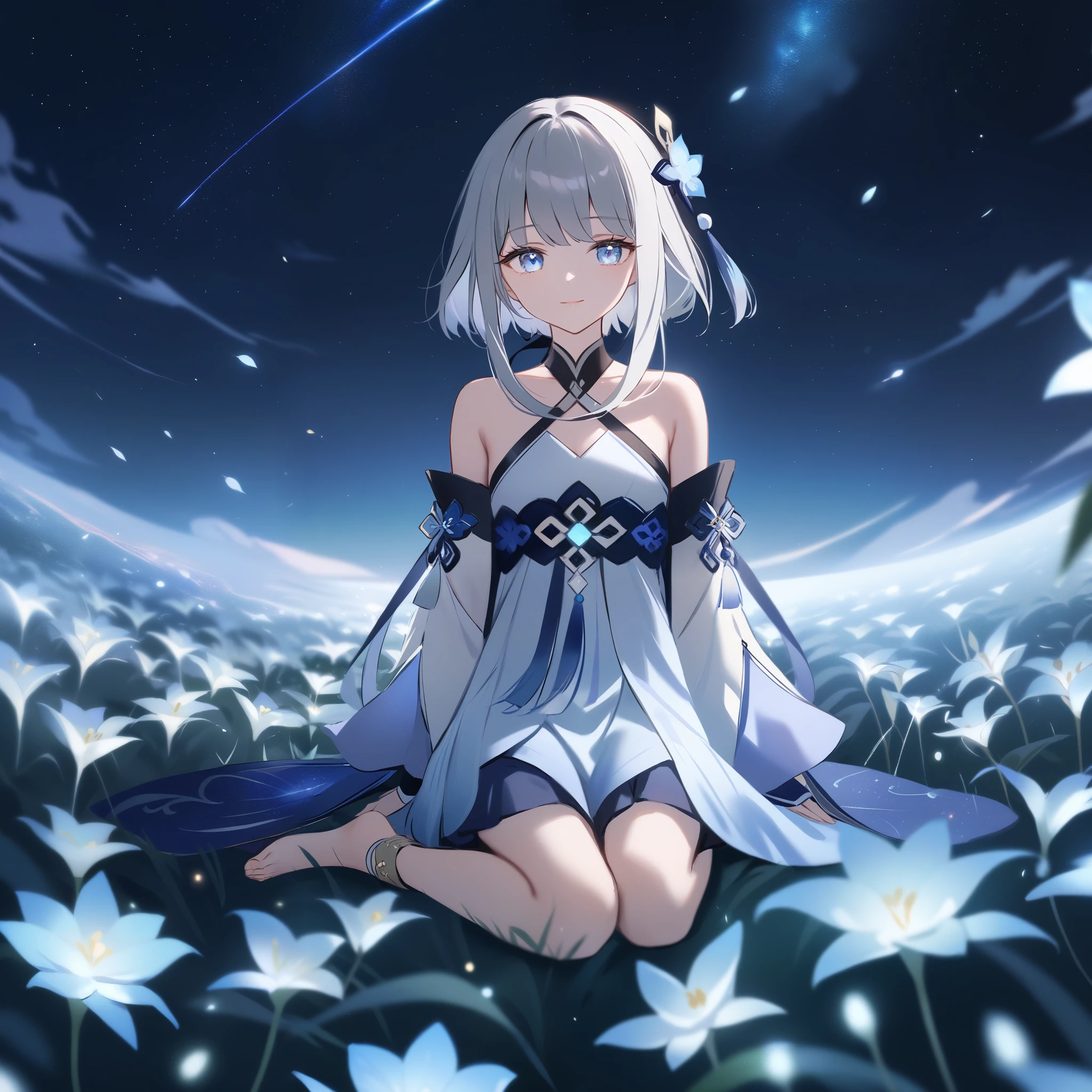 1girl, guizhong_\(genshin_impact\),light grey hair,short_hair_with_long_locks,starry_sky_print,detached_sleeves, long sleeves_past_fingers,hanfu,illustrated by matsuryuu and agahari and dsmile,pale blue eyes,stunning field of softly glowing blue and white glaze lilies,night scene,gentle smile,moonlight,glossy lips,vivid anime coloring,cel shading,smooth, soft dreamy focus,anklet,halter_top,white clothes,highly detailed,digital painting,field of flowers,bare_shoulders,wlop,barefoot,cool night tones, magical night scene,masterpiece, best quality, film, bokeh, professional, 4k, highly detailed,fireflies,Guardian nebula of rainbow light and silvery vapor,