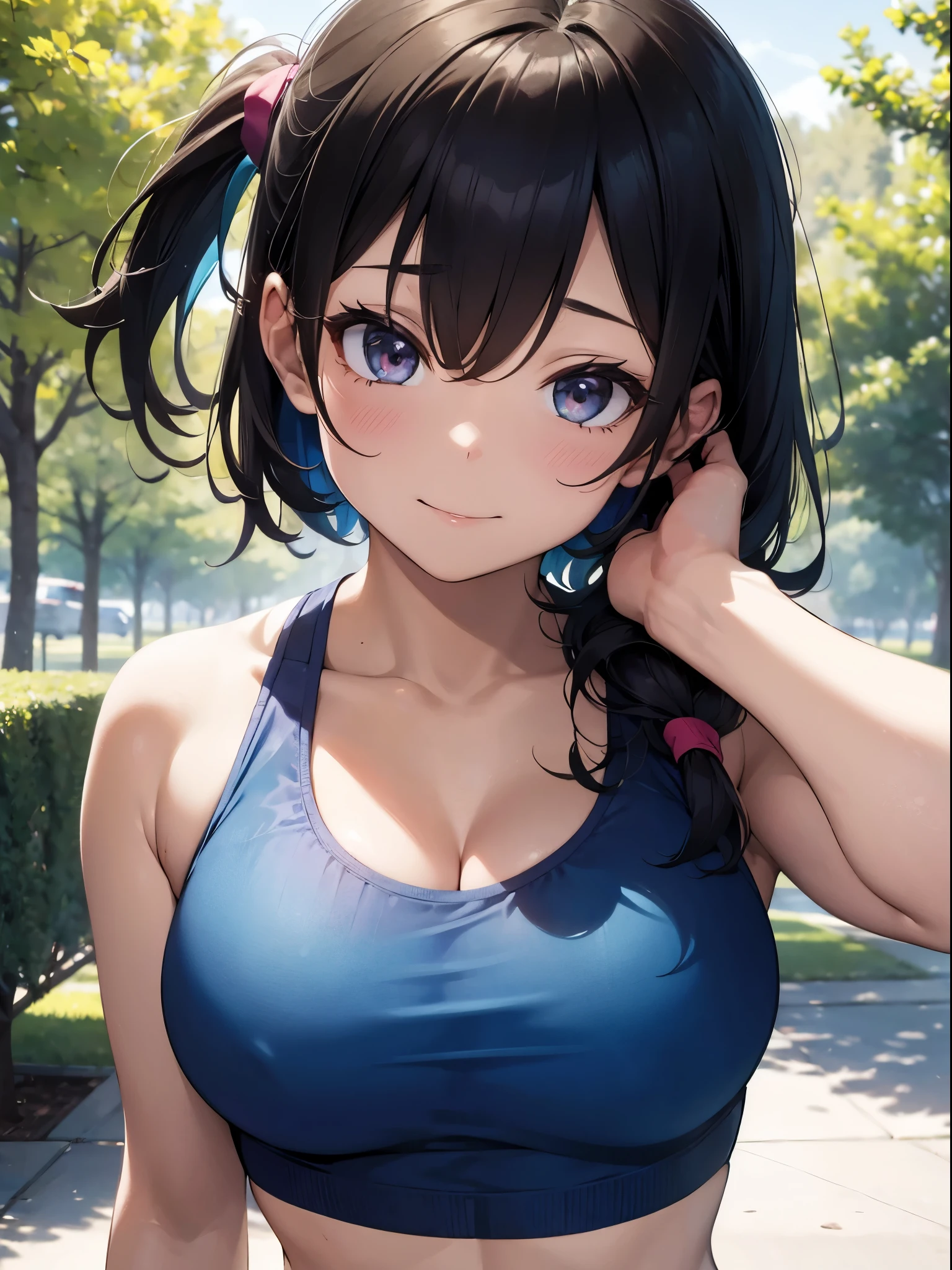 woman, cropped-fc, cleavage, sports bra, detailed face, colorful clothing, park, sky, trees