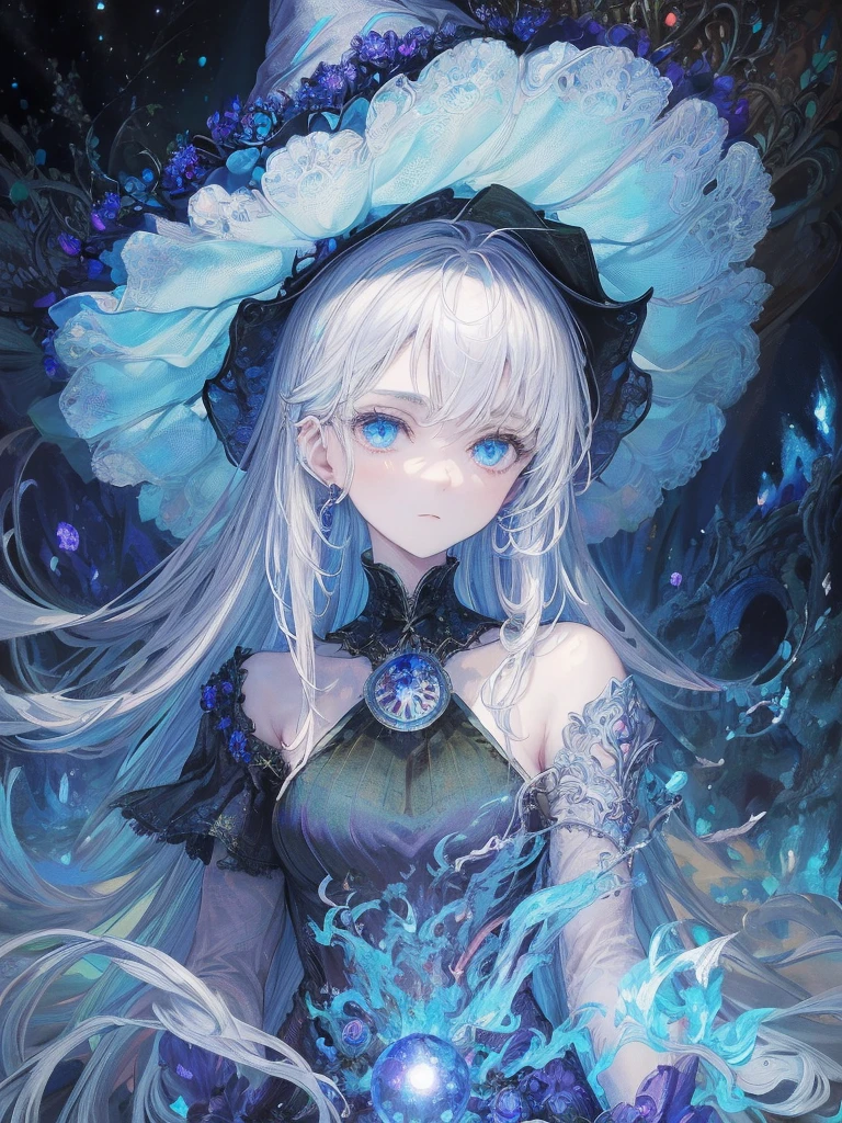 art by Cornflower,(​masterpiece),(top-quality:1.2),(perfect anatomy),(1 girl in witch hat:1.2),beautiful detailed blue eyes,silver hair,Mysteriously Glowing Forest,(Highly detailed elegant), Magical colors and atmosphere, Detailed skin,The background is soft and blurry,Add a dramatic and symbolic element to your scene, Written boundary depth, Bokeh, Silky to the touch