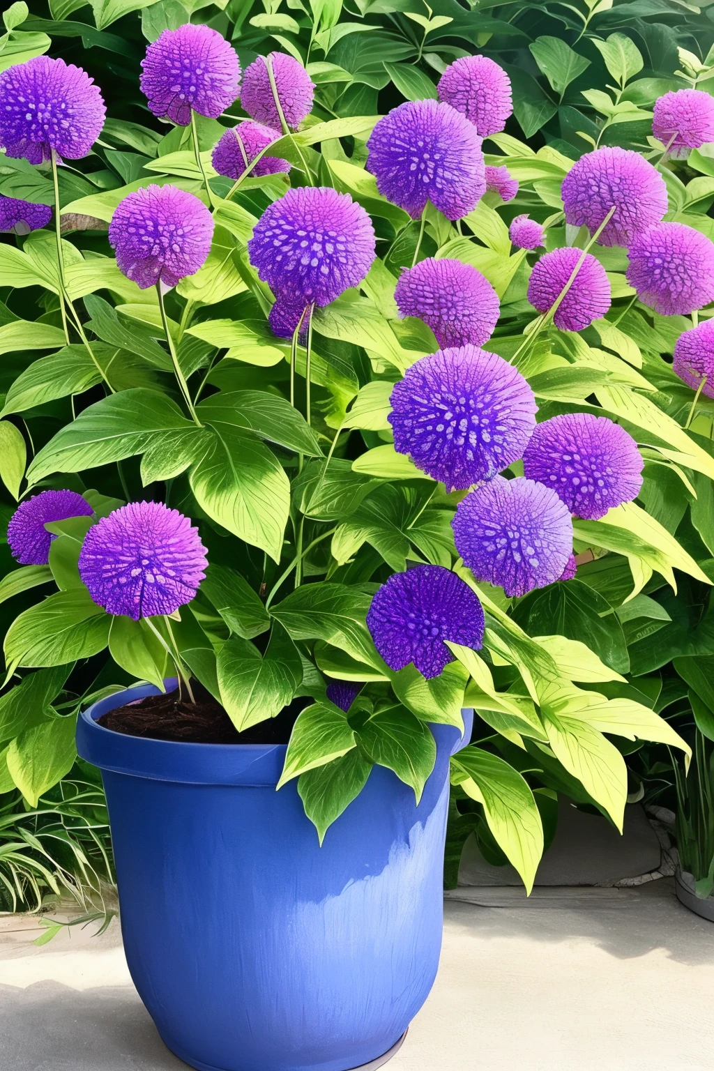 purple flowers in a pot on a patio with a blue planter, a pastel by Ann Thetis Blacker, tumblr, sōsaku made, purple foliage, blue and purple plants, dark purple tones, some purple, cobalt coloration, violet, dark purple, purple, purples, purple hues, violet polsangi, second colours - purple