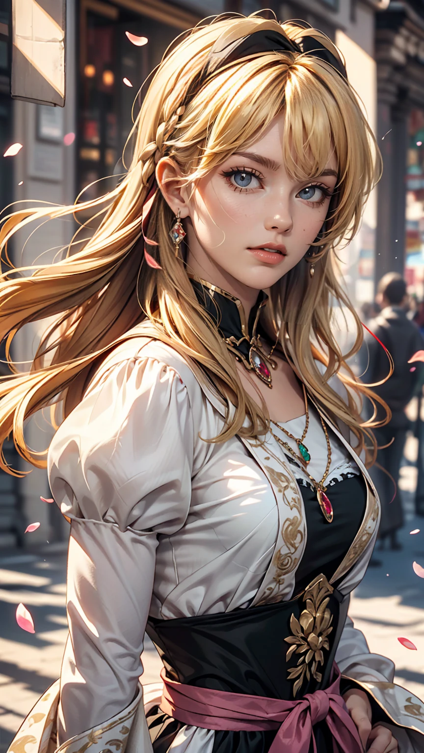 (Dynamic Angle:1.3),Extreme close up,the wind is strong,映画ofハイライト,1人of女of子,Upper Body,dancing,View Viewer, violet_Evergarden, alone, jewelry, blank eye,brooch, blonde_hair,( vevry long hair:1.2),floating hairlong_sleeve, ribbon, green_eye, Jacket, dress, gem, hair_ribbon,null, depth_of_Field, a close view of flying petal,