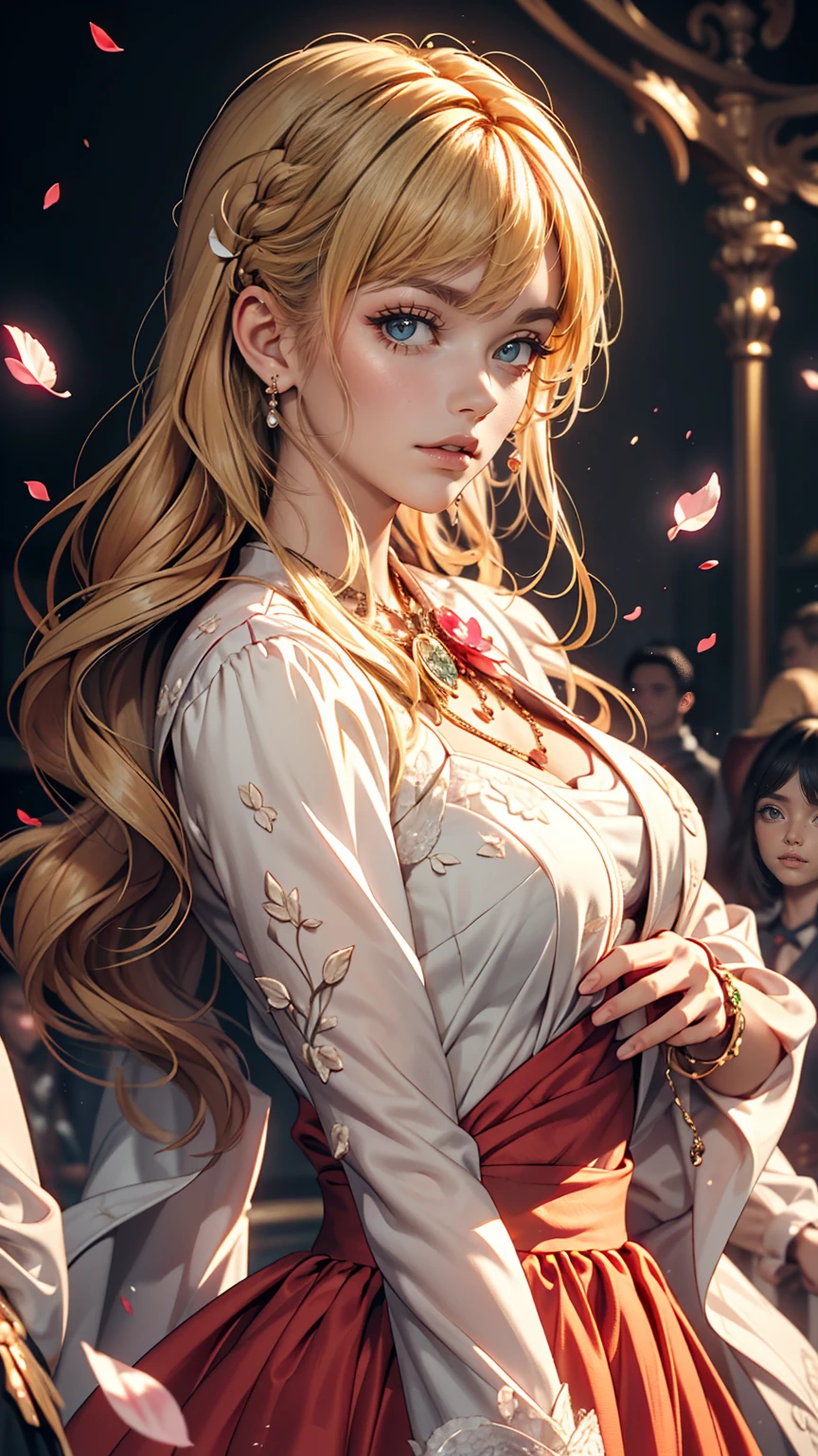 (Dynamic Angle:1.3),Extreme close up,the wind is strong,映画ofハイライト,1人of女of子,Upper Body,dancing,View Viewer, violet_Evergarden, alone, jewelry, blank eye,brooch, blonde_hair,( vevry long hair:1.2),floating hairlong_sleeve, ribbon, green_eye, Jacket, dress, gem, hair_ribbon,null, depth_of_Field, a close view of flying petal,