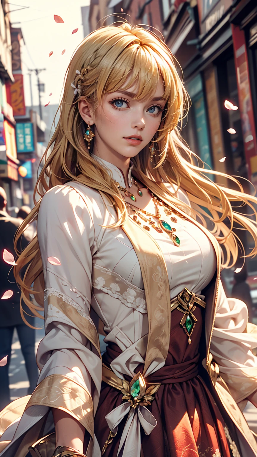 (Dynamic Angle:1.3),Extreme close up,the wind is strong,映画ofハイライト,1人of女of子,Upper Body,dancing,View Viewer, violet_Evergarden, alone, jewelry, blank eye,brooch, blonde_hair,( vevry long hair:1.2),floating hairlong_sleeve, ribbon, green_eye, Jacket, dress, gem, hair_ribbon,null, depth_of_Field, a close view of flying petal,