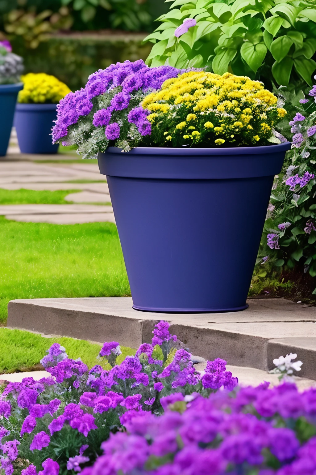 purple flowers in a pot on a patio with a blue planter, purple foliage, blue and purple plants, dark purple tones, some purple, cobalt coloration, violet, dark purple, purple, purples, purple hues, violet polsangi, second colours - purple, more dark purple color scheme, dark purple blue tones, dark purple scheme, violet colors