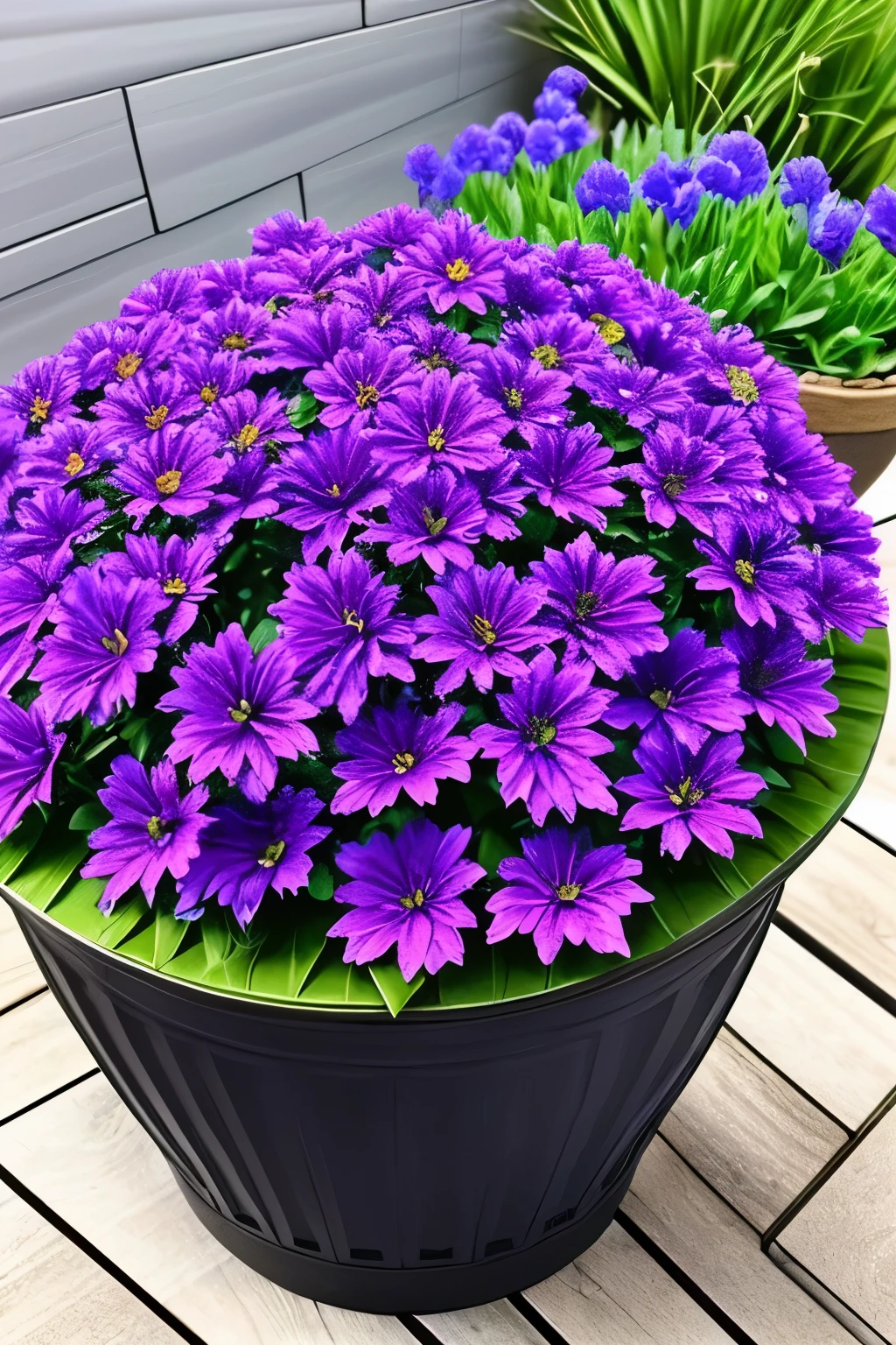 purple flowers in a pot on a patio with a blue planter, purple foliage, blue and purple plants, dark purple tones, some purple, cobalt coloration, violet, dark purple, purple, purples, purple hues, violet polsangi, second colours - purple, more dark purple color scheme, dark purple blue tones, dark purple scheme, violet colors