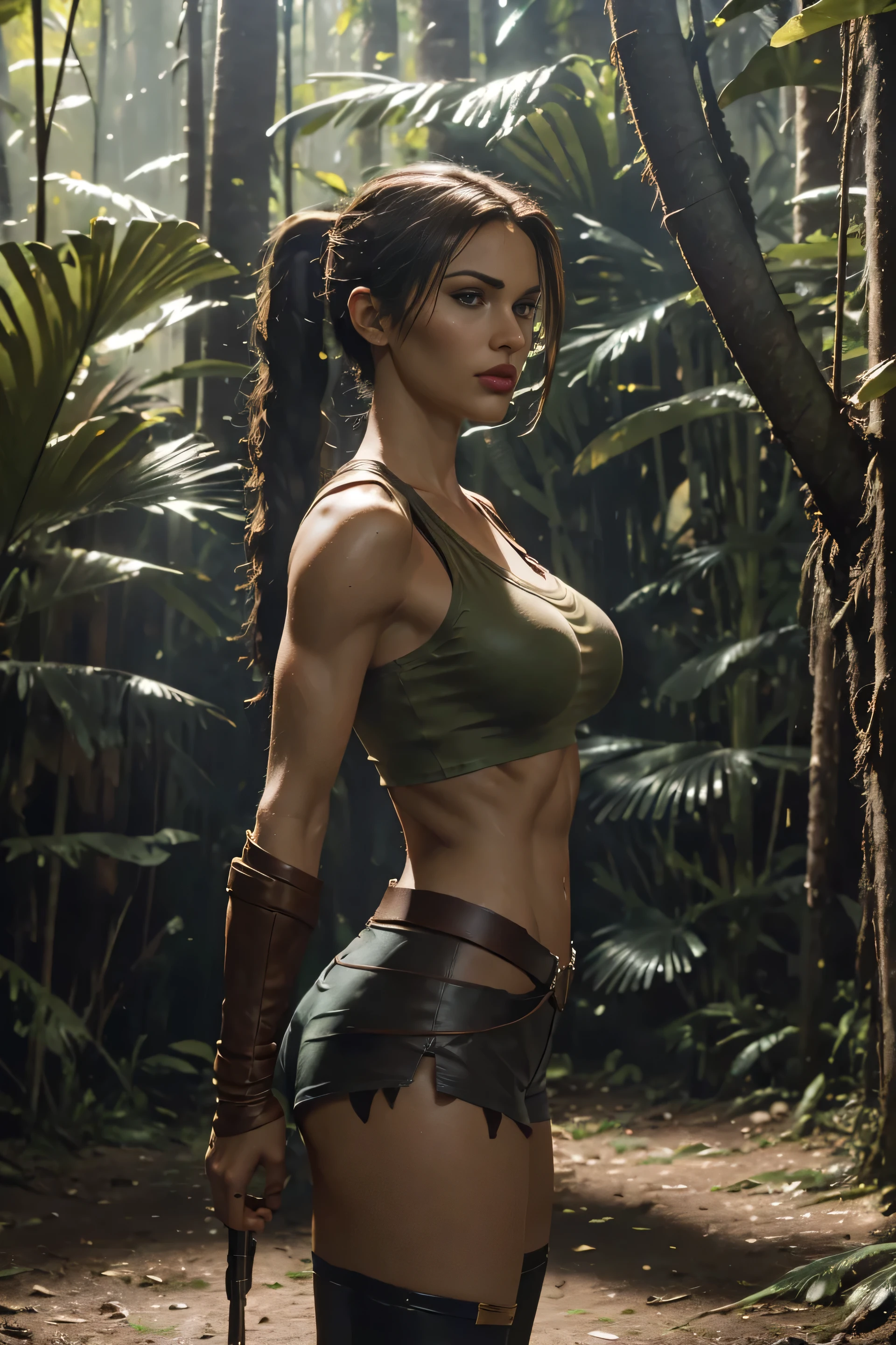 full bod of a woman who is lara croft, long brown ponytail, brown eyes, girlish face, long graceful neck, red lips, long muscular thighs, short tight brown leather shorts, pale green sleeveless torn t-shirt, brown leather boots, art by Karol Bak, bird fighter, ultra-realistic hyper-realistic, edge lighting, perfect contrast, high sharpness, ultra detailed photography, global illumination, smooth, ultra high definition, unreal engine 5, ultra sharp focus, award-winning photo in the jungle, pain, realism, digital art, cinematic, depth of field, 35mm, from side, Masterpiece, 8k, masterpiece, UHD