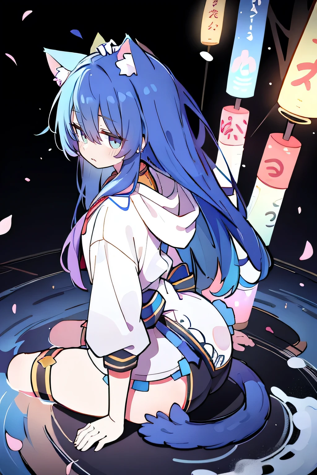 （masterpiece：1.2），Super detailed，lifelike，Expressive eyes，fair skin，perfect face shape，1 girl，
Japanese comics,Gorgeous blue hair,flowing blue hair,flowing clothes,Cat ears,Petals fall,beautiful lola,Baby Angel,
Shaking head with one hand，Cross your legs，Gentle and peaceful background，The pavilion is cool and comfortable,smile, wearing hoodie, background of tokyo,back views,snowing, winter.