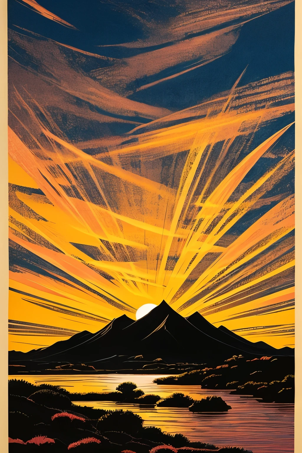 a poster of a red sky with clouds and a mountain in the background, charles burns, red clouds, by Eric Dinyer, red stormy sky, by Craig Thompson, the artist is charles burns, by Yoshio Markino, by Ed Emshwiller, ) ominous vibes, by Justin Gerard, beautiful high contrast woodcut, by Eric Auld