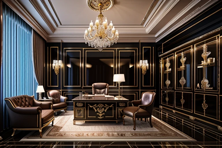 best quality,ultra detailed,photorealistic:1.37,masterpiece:1.2,photography,office,curator,ultra luxurious desk,chair,dark environment decoration (night)