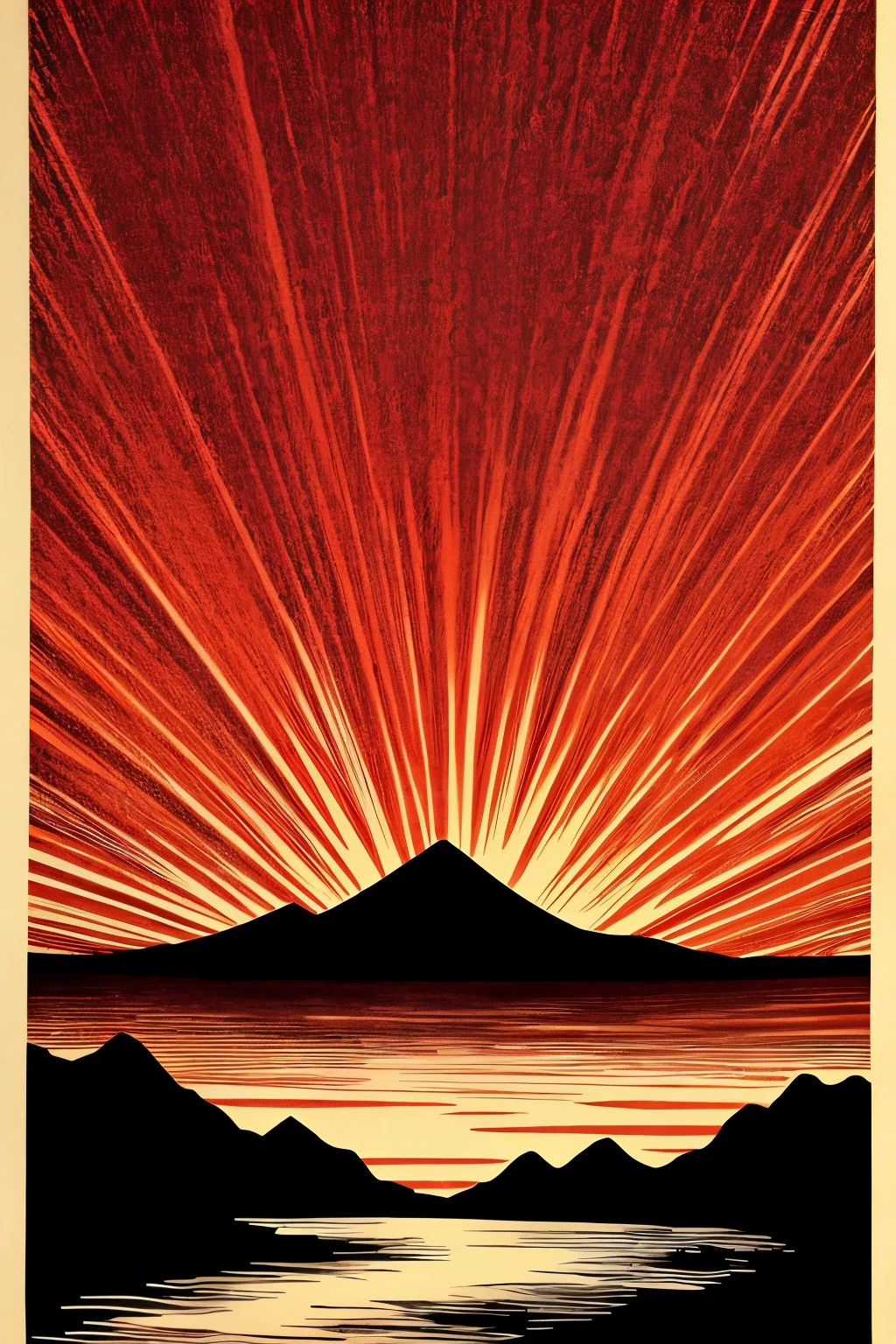a poster of a red sky with clouds and a mountain in the background, a woodcut by Eric Dinyer, tumblr, nuclear art, charles burns, red clouds, red stormy sky, the artist is charles burns, ) ominous vibes, beautiful high contrast woodcut, brutal shapes stormy sky, victo ngai! muted colors, red skies