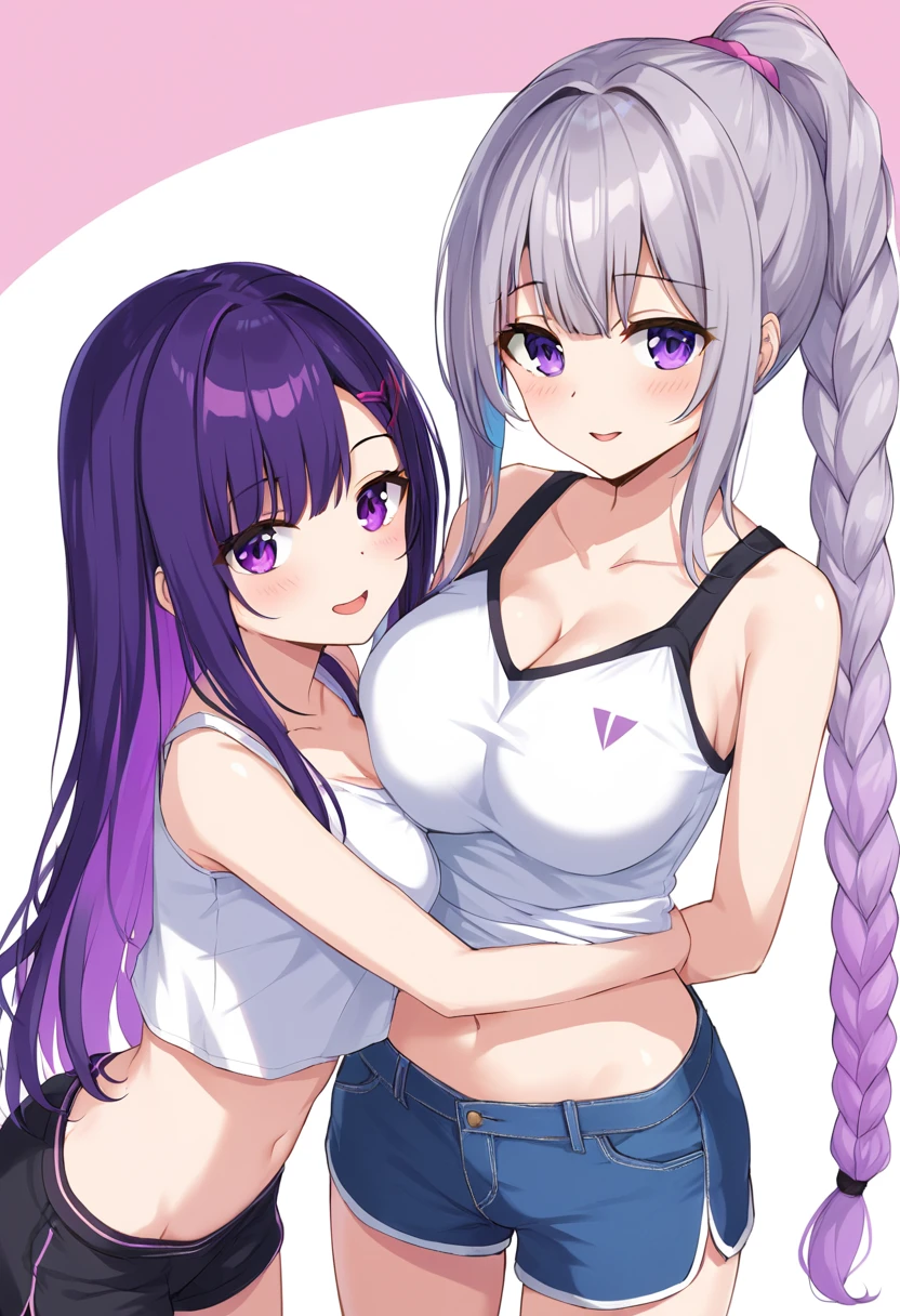  Masterpiece, best quality, ultra high quality, highres, wallpaper 8k, ,1girl, duo, Two women, Two women standing, Two women face to face, purple_hair,purple_eyes,very_long_hair,grey_hair,braided_ponytail,large_breasts,gradient_hair, Shorts,