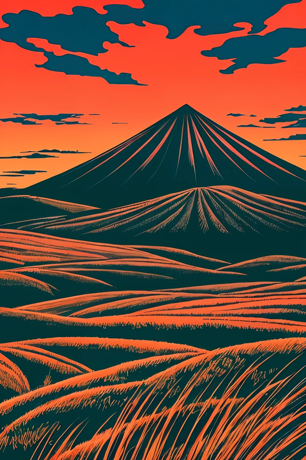 a poster of a red sky with clouds and a mountain in the background, charles burns, red clouds, by Eric Dinyer, red stormy sky, by Craig Thompson, the artist is charles burns, by Yoshio Markino, by Ed Emshwiller, ) ominous vibes, by Justin Gerard, beautiful high contrast woodcut, by Eric Auld